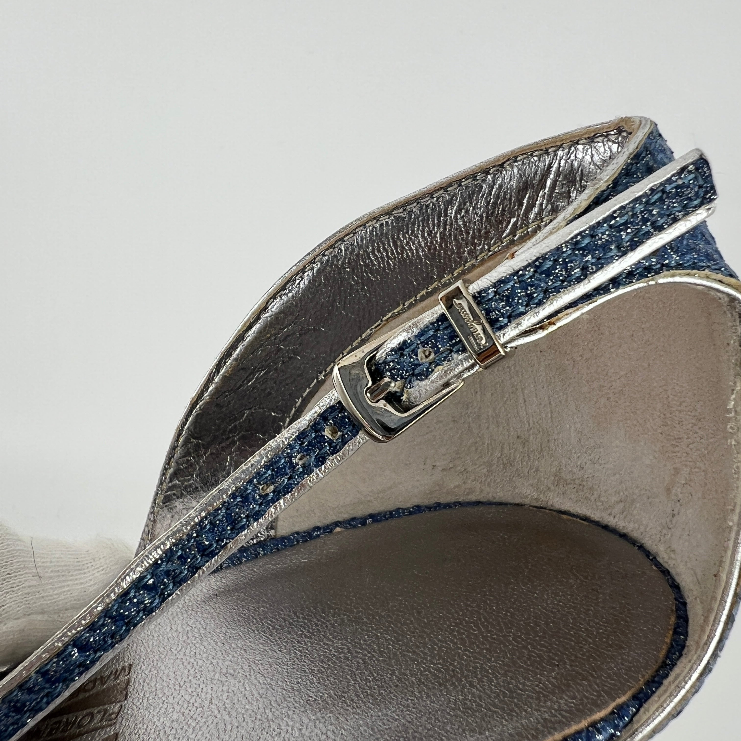 Ferragamo | Blue Silver "Denim" Exotic Leather Dainty Buckles Strappy Heel (7C)