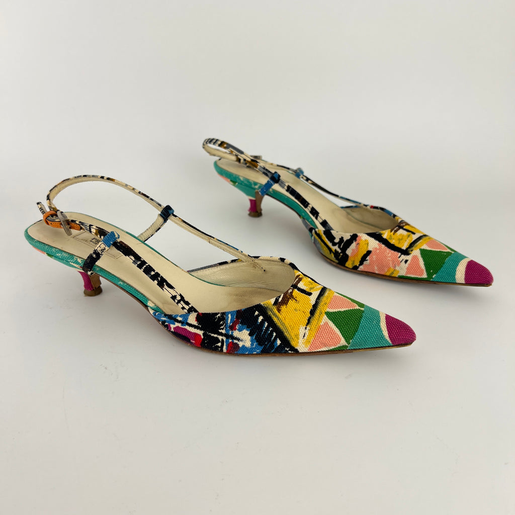 Prada | Vintage Venezia Print Canapa Pointed Toe Kitten Heel Slingback (35.5)