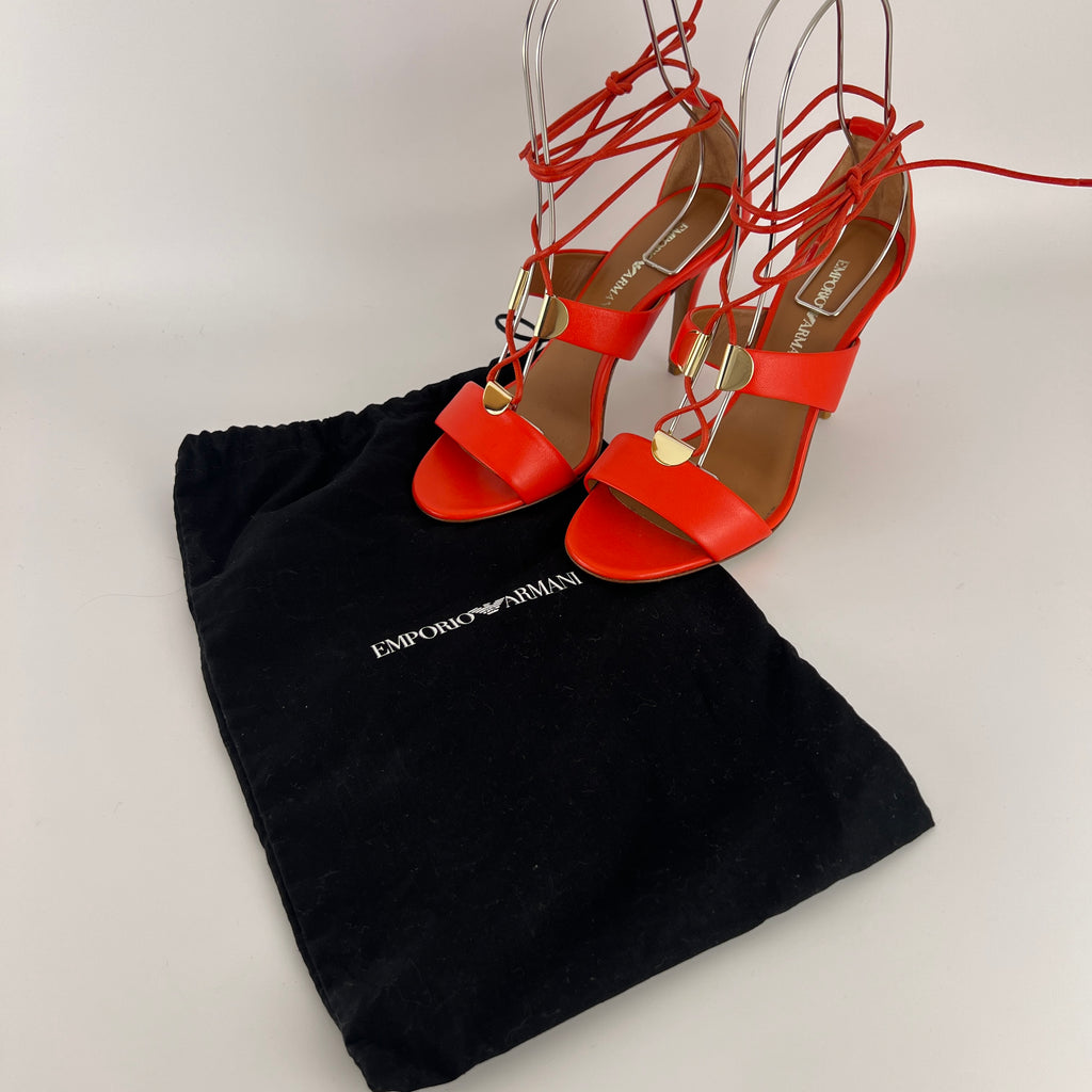 Armani | Coral Red Ankle Lace Up Gold Hardware Strappy Heel (37)