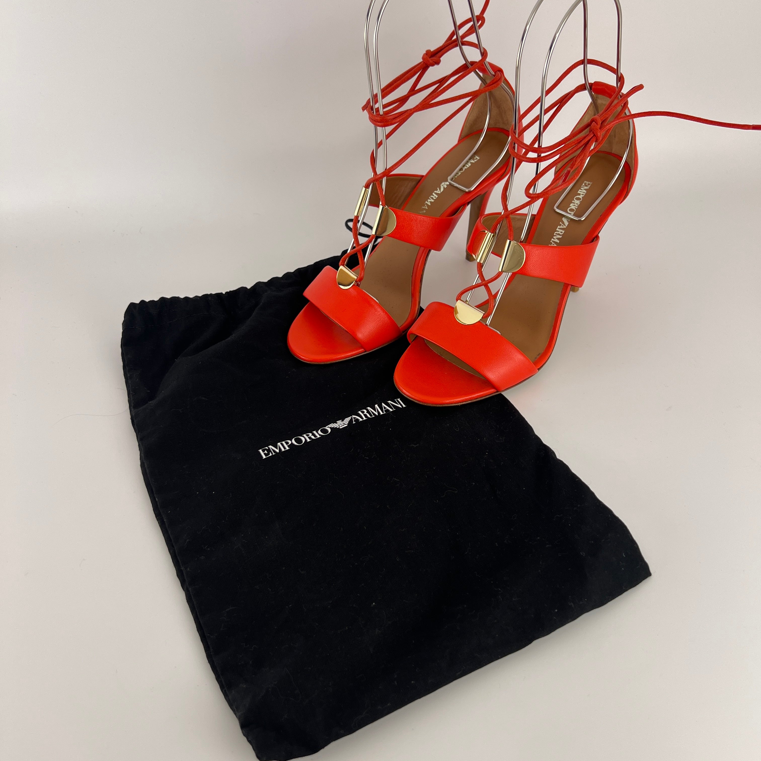 Armani | Coral Red Ankle Lace Up Gold Hardware Strappy Heel (37)