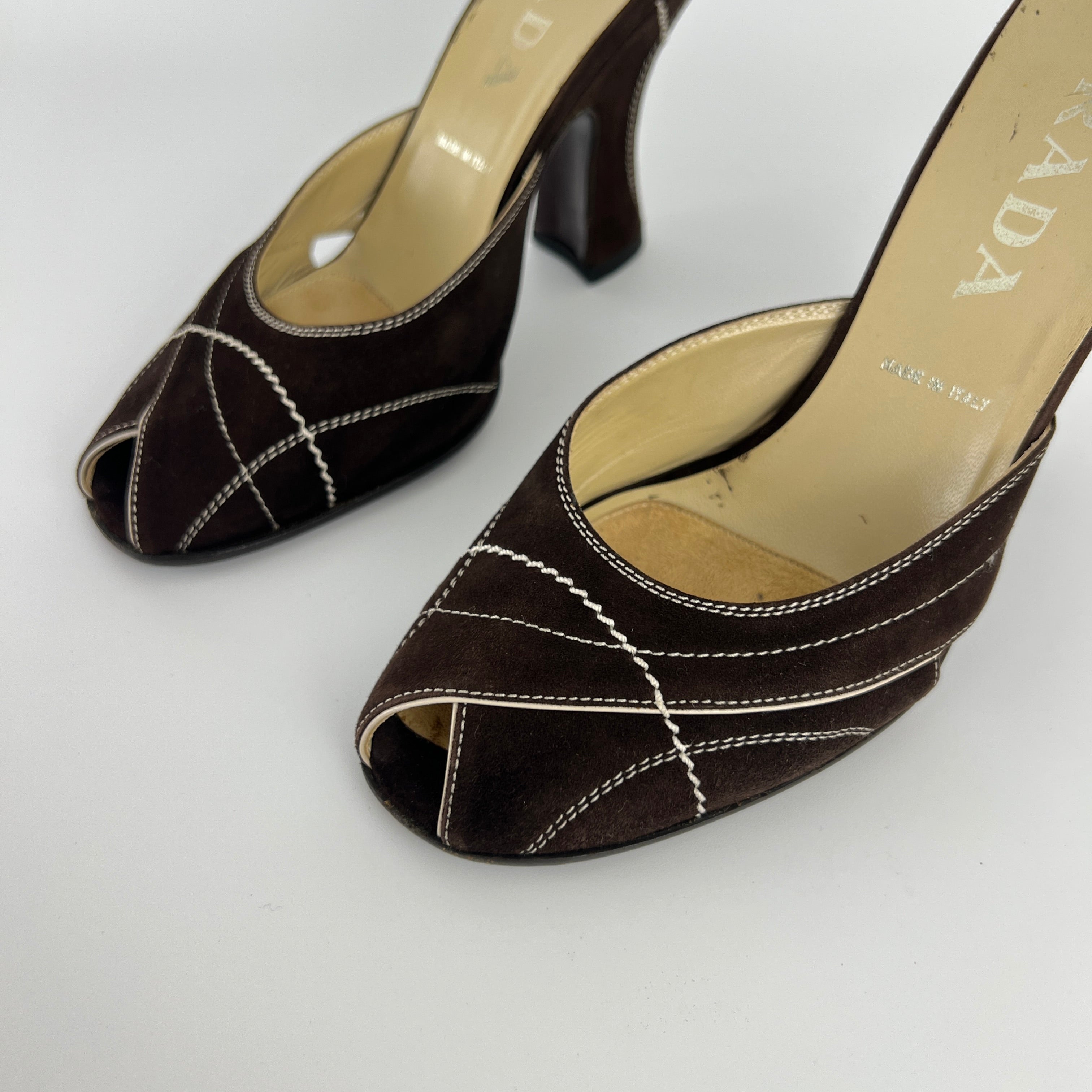 Prada | Vintage Brown Suede Leather White Stitching Sandal Mules (37)
