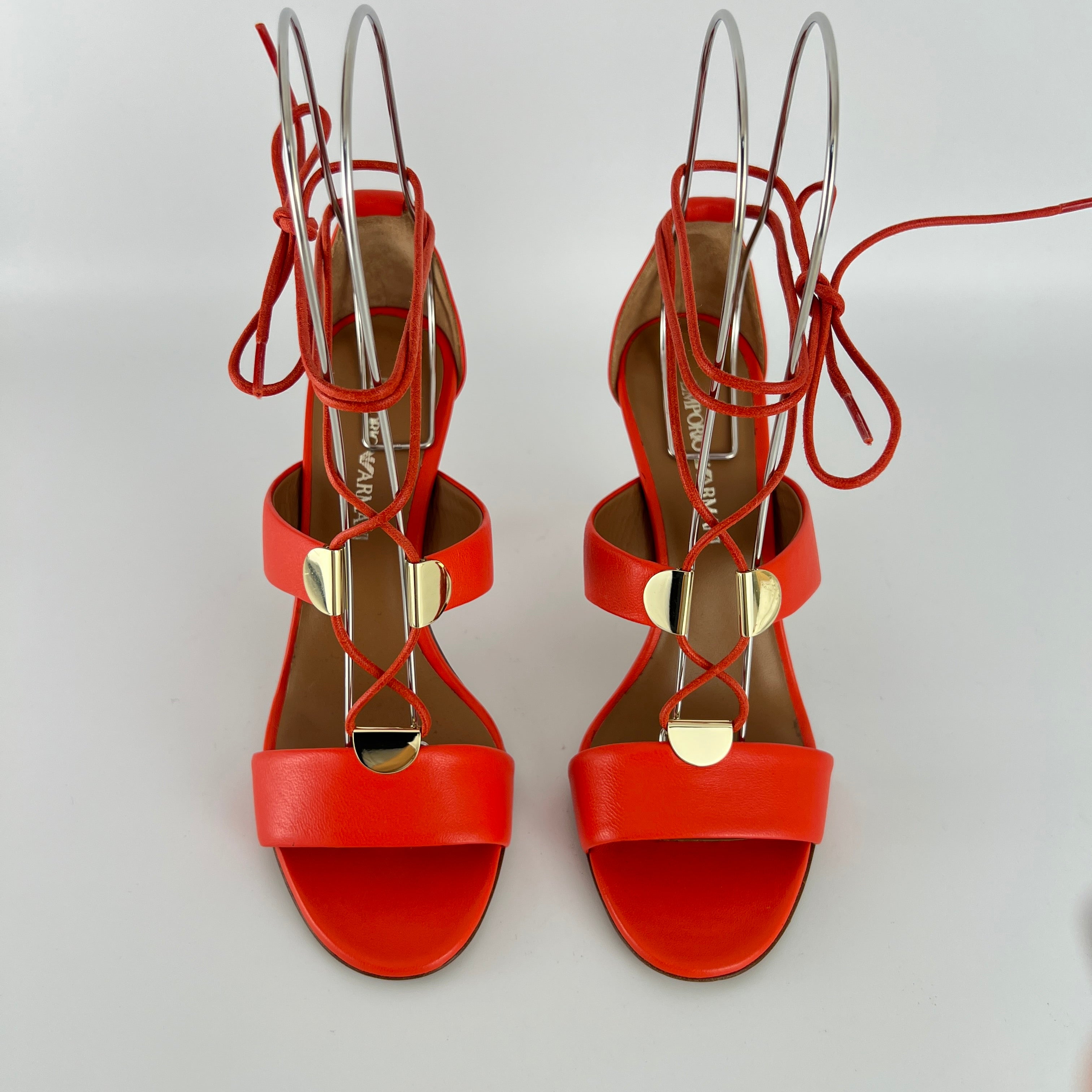 Armani | Coral Red Ankle Lace Up Gold Hardware Strappy Heel (37)