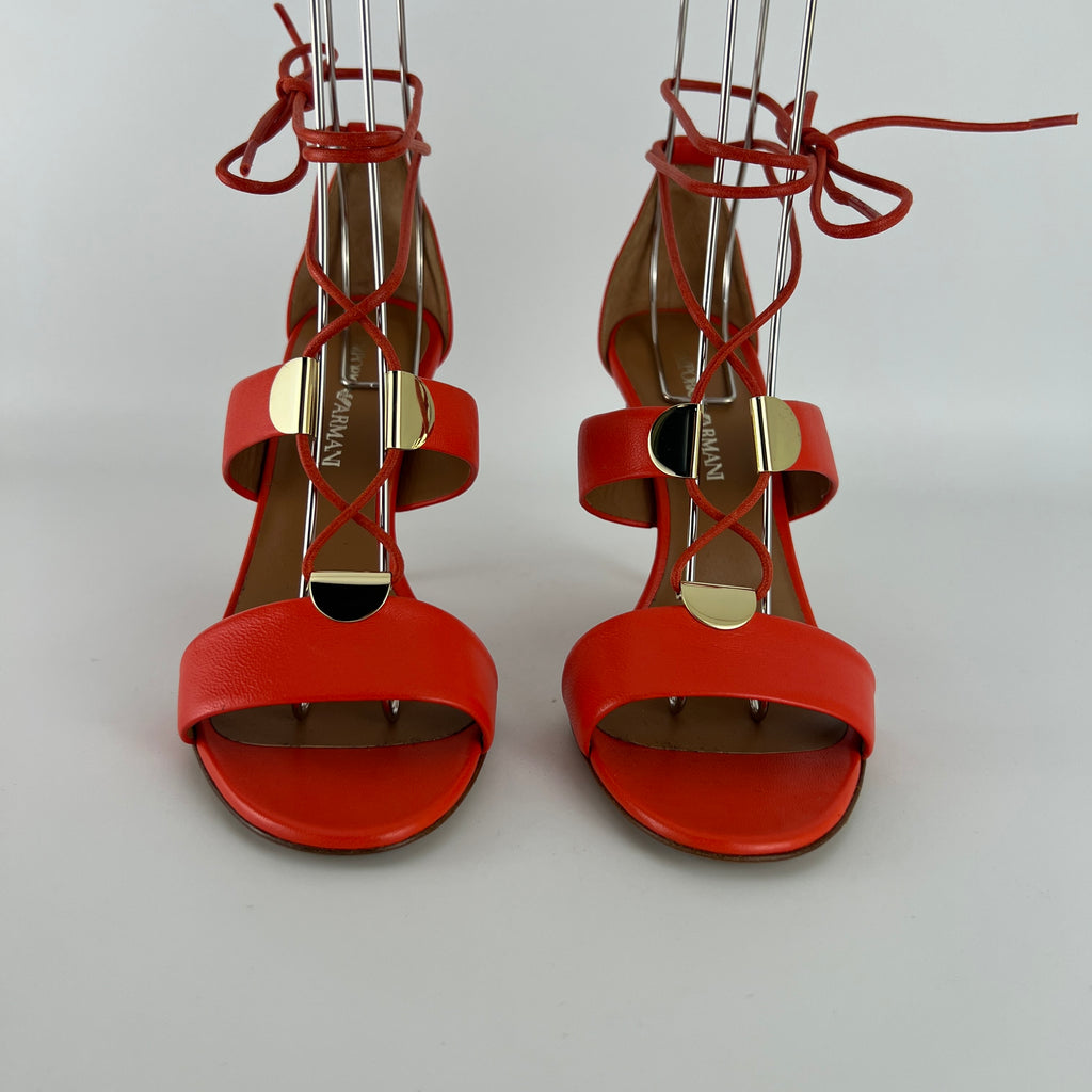Armani | Coral Red Ankle Lace Up Gold Hardware Strappy Heel (37)