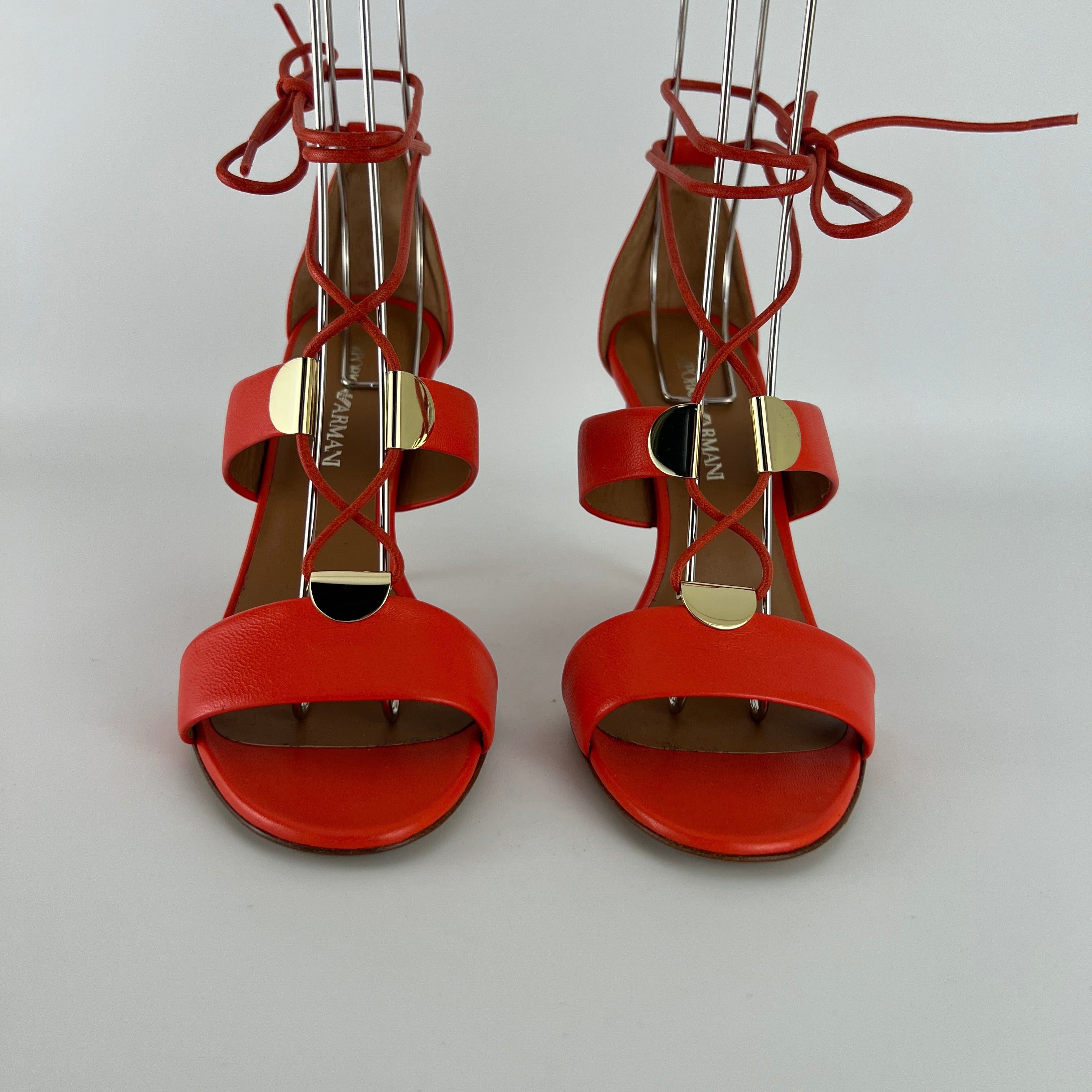 Armani | Coral Red Ankle Lace Up Gold Hardware Strappy Heel (37)
