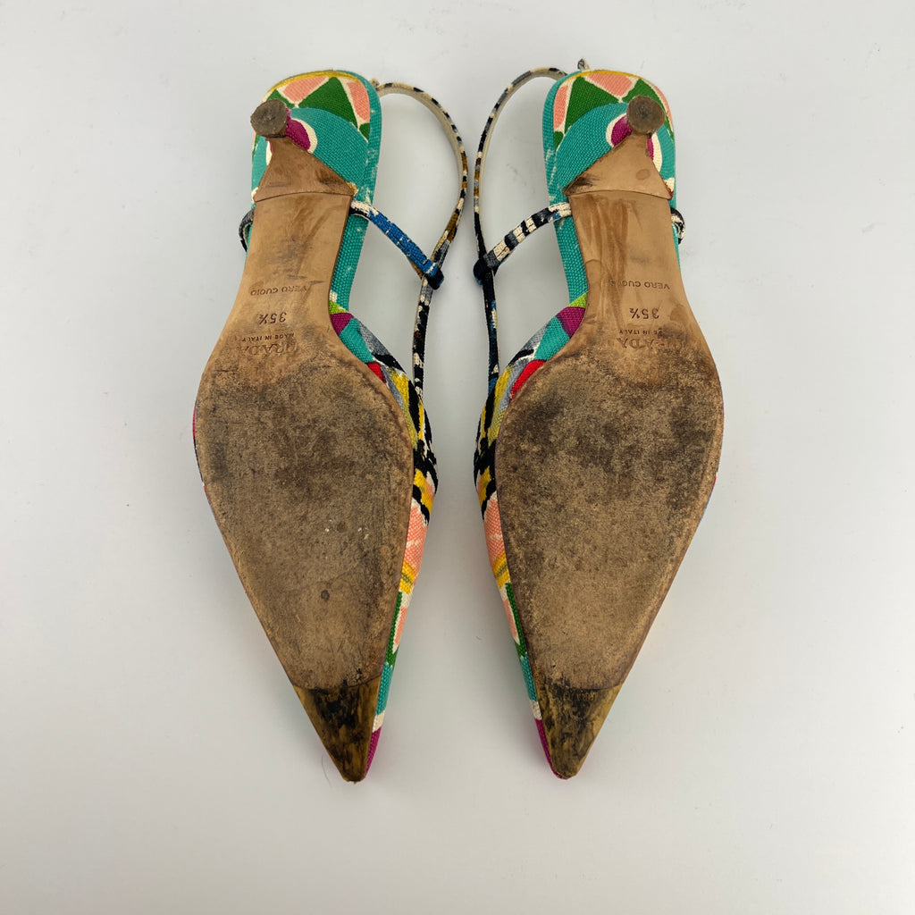 Prada | Vintage Venezia Print Canapa Pointed Toe Kitten Heel Slingback (35.5)
