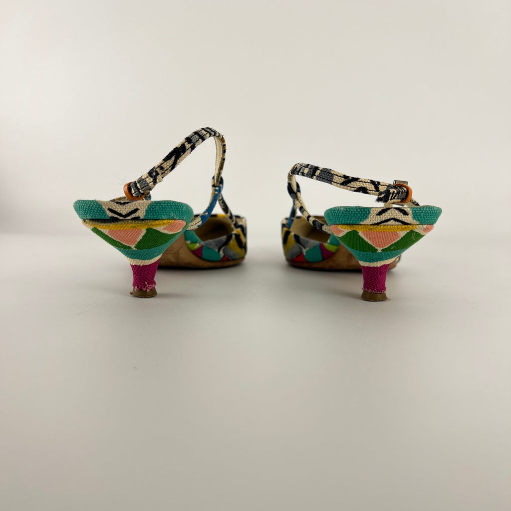 Prada | Vintage Venezia Print Canapa Pointed Toe Kitten Heel Slingback (35.5)