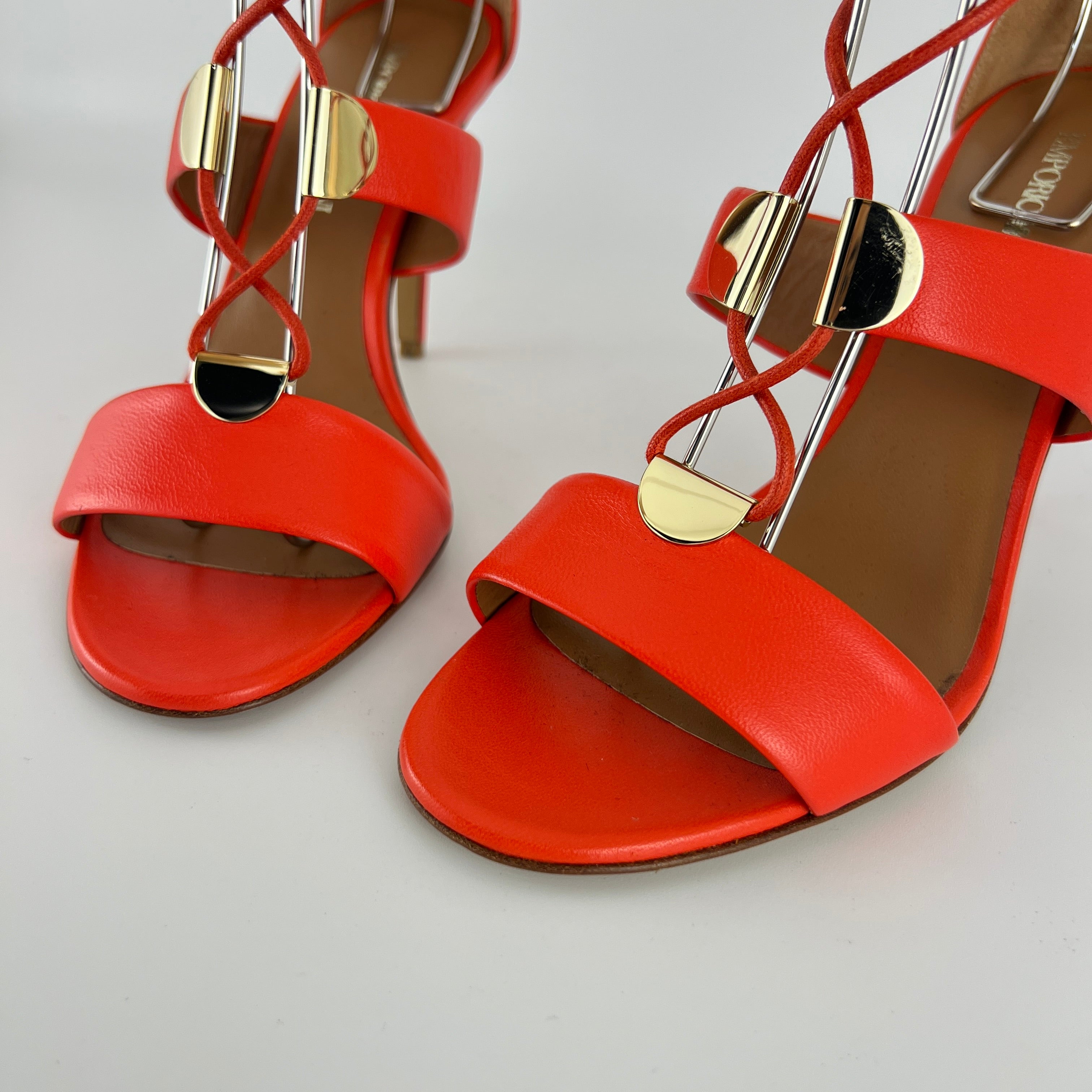 Armani | Coral Red Ankle Lace Up Gold Hardware Strappy Heel (37)