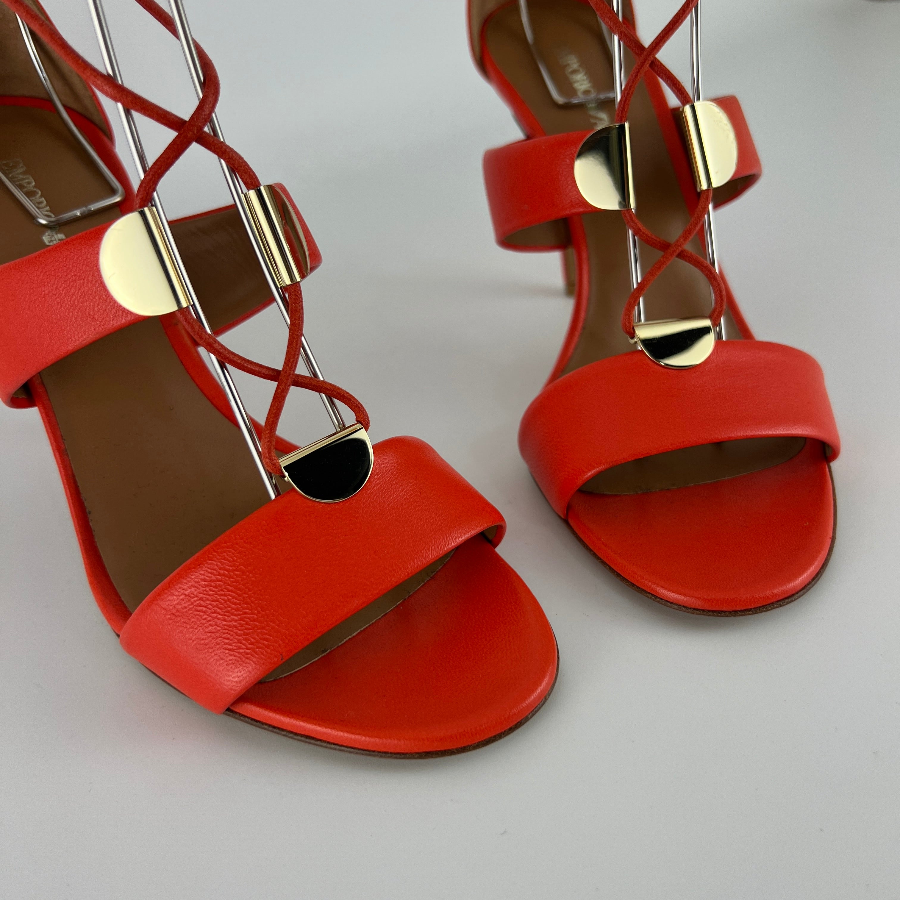 Armani | Coral Red Ankle Lace Up Gold Hardware Strappy Heel (37)