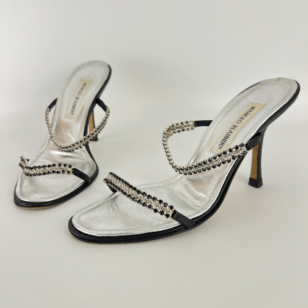 Manolo Blahnik | Black Leather Crystal Embellished Strappy Sandal Heels (38)