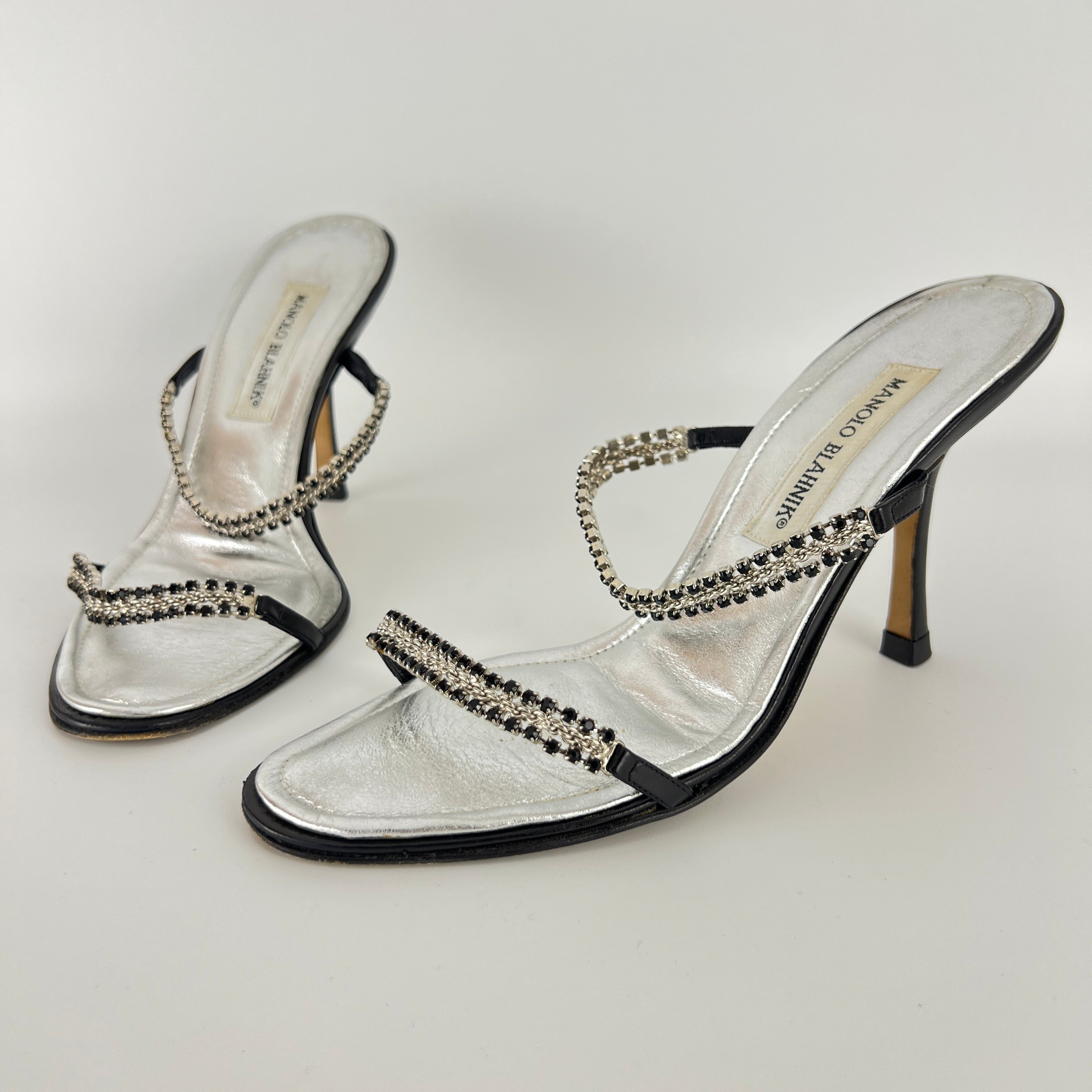 Manolo Blahnik | Black Leather Crystal Embellished Strappy Sandal Heels (38)