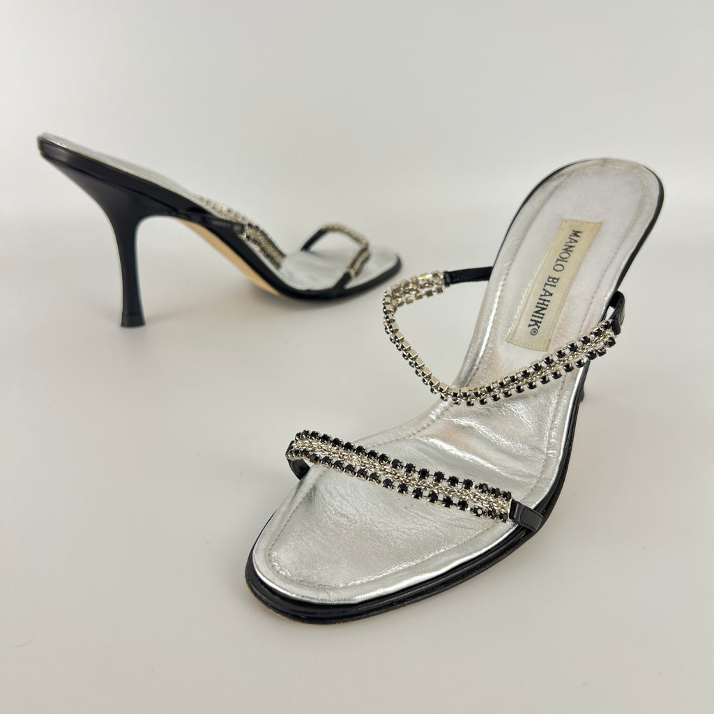 Manolo Blahnik | Black Leather Crystal Embellished Strappy Sandal Heels (38)