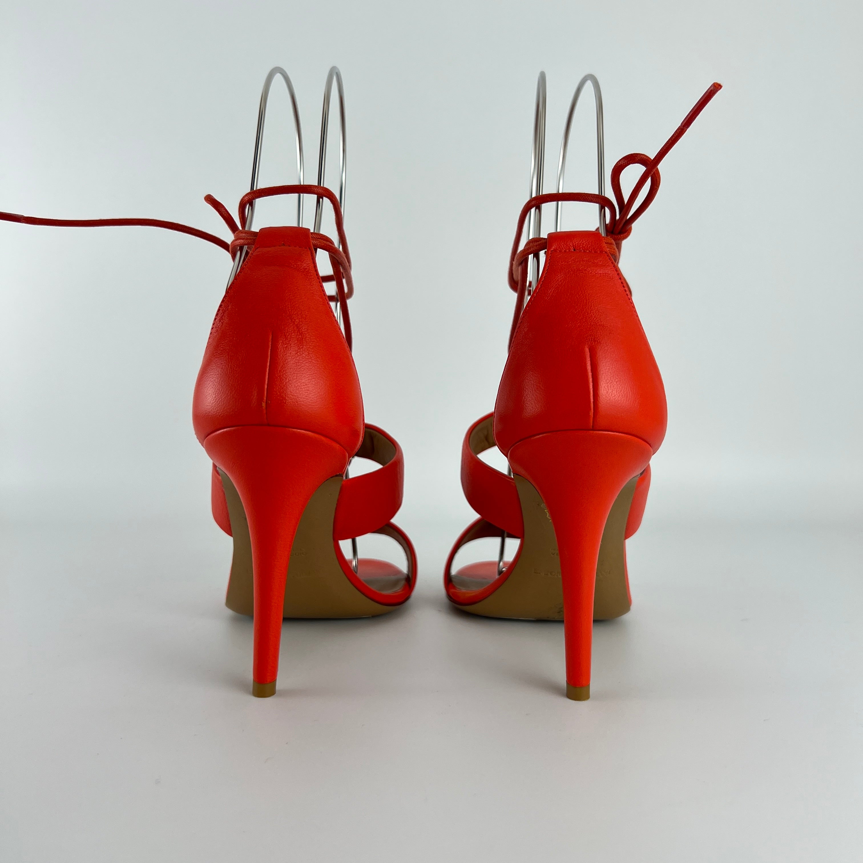 Armani | Coral Red Ankle Lace Up Gold Hardware Strappy Heel (37)