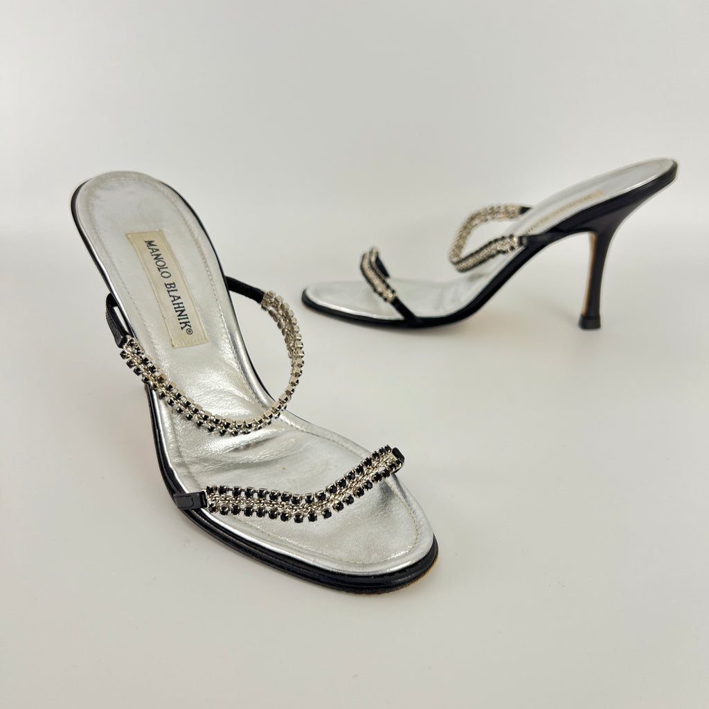 Manolo Blahnik | Black Leather Crystal Embellished Strappy Sandal Heels (38)