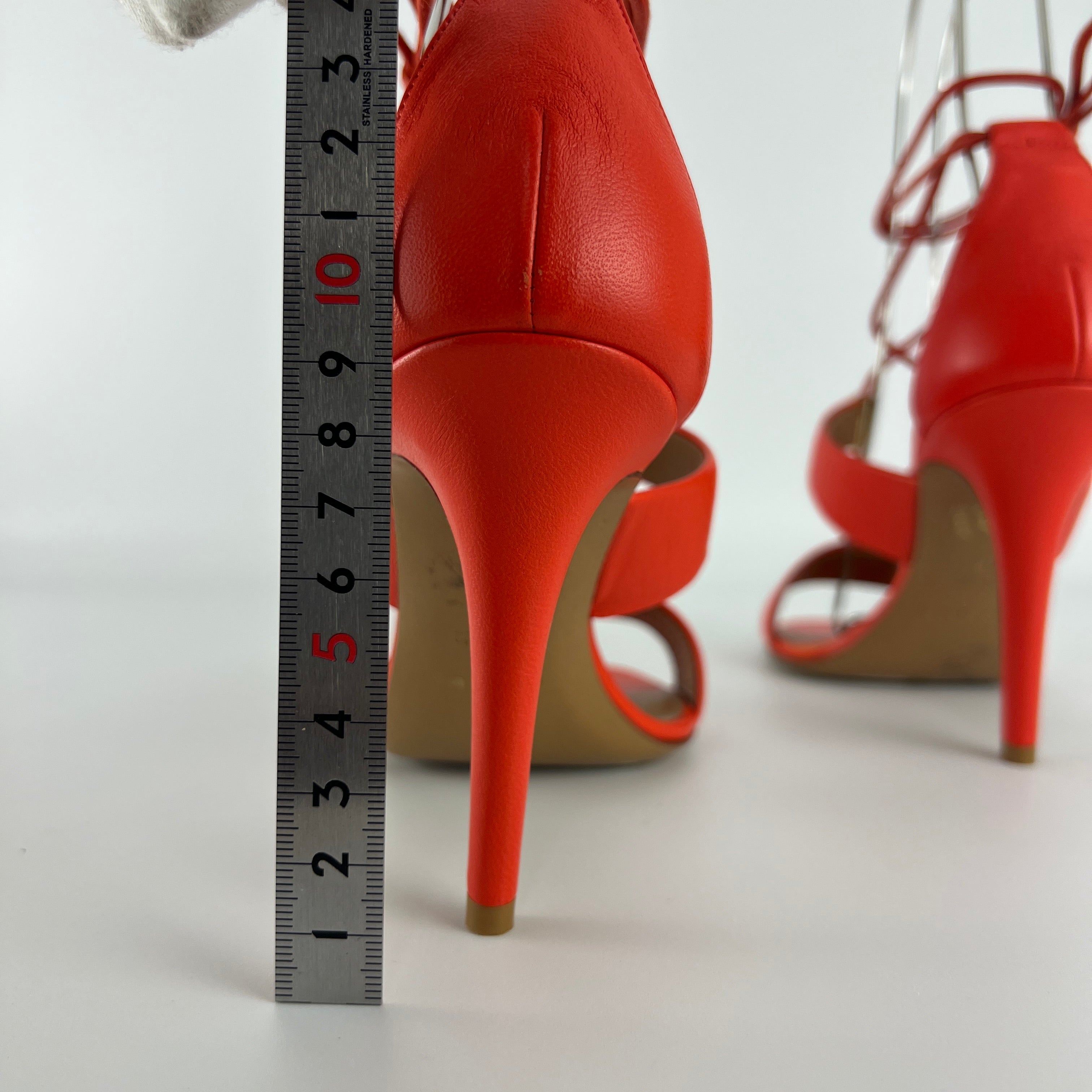 Armani | Coral Red Ankle Lace Up Gold Hardware Strappy Heel (37)