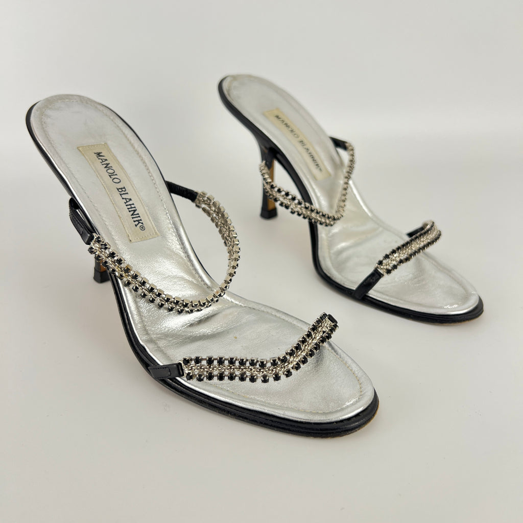 Manolo Blahnik | Black Leather Crystal Embellished Strappy Sandal Heels (38)