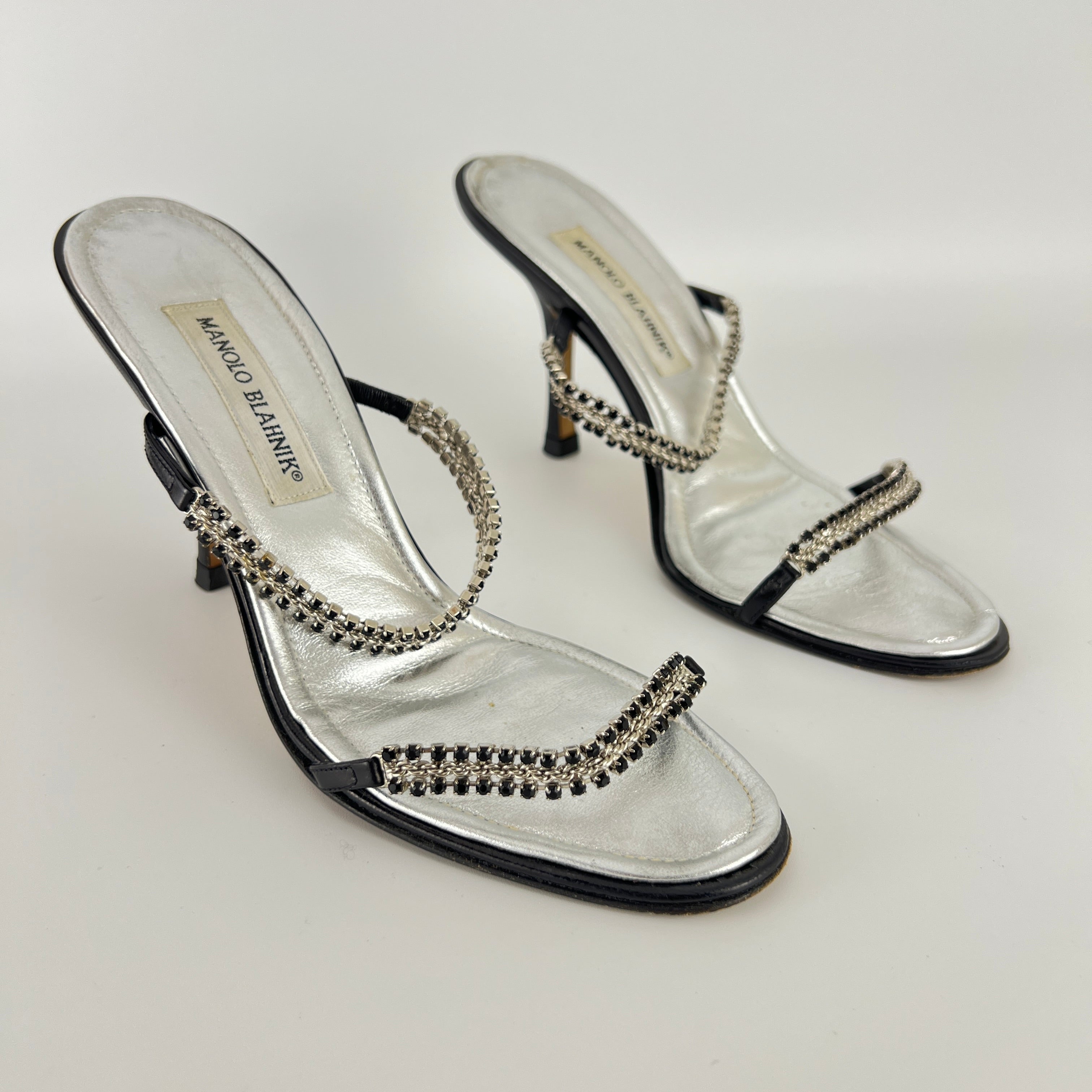 Manolo Blahnik | Black Leather Crystal Embellished Strappy Sandal Heels (38)