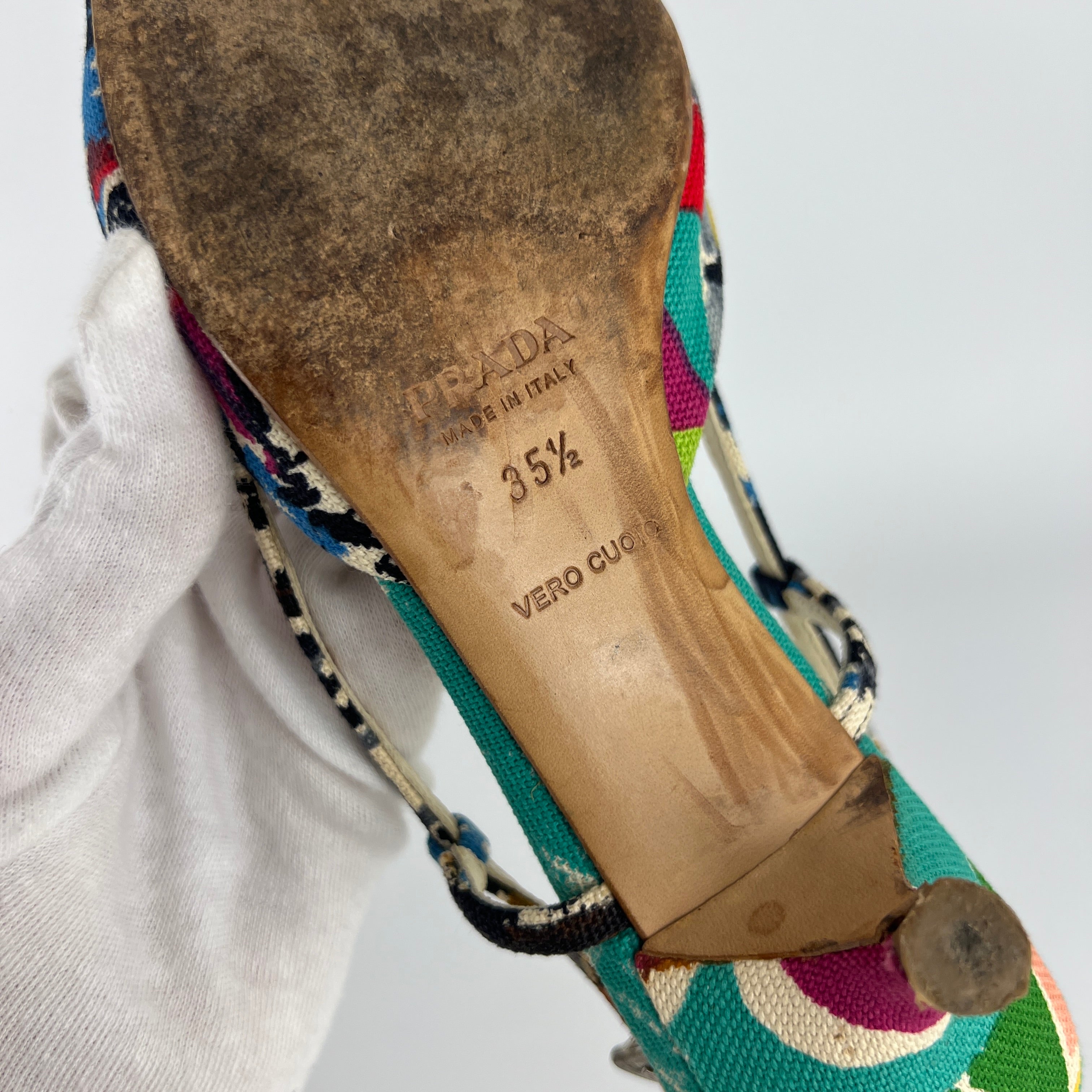 Prada | Vintage Venezia Print Canapa Pointed Toe Kitten Heel Slingback (35.5)