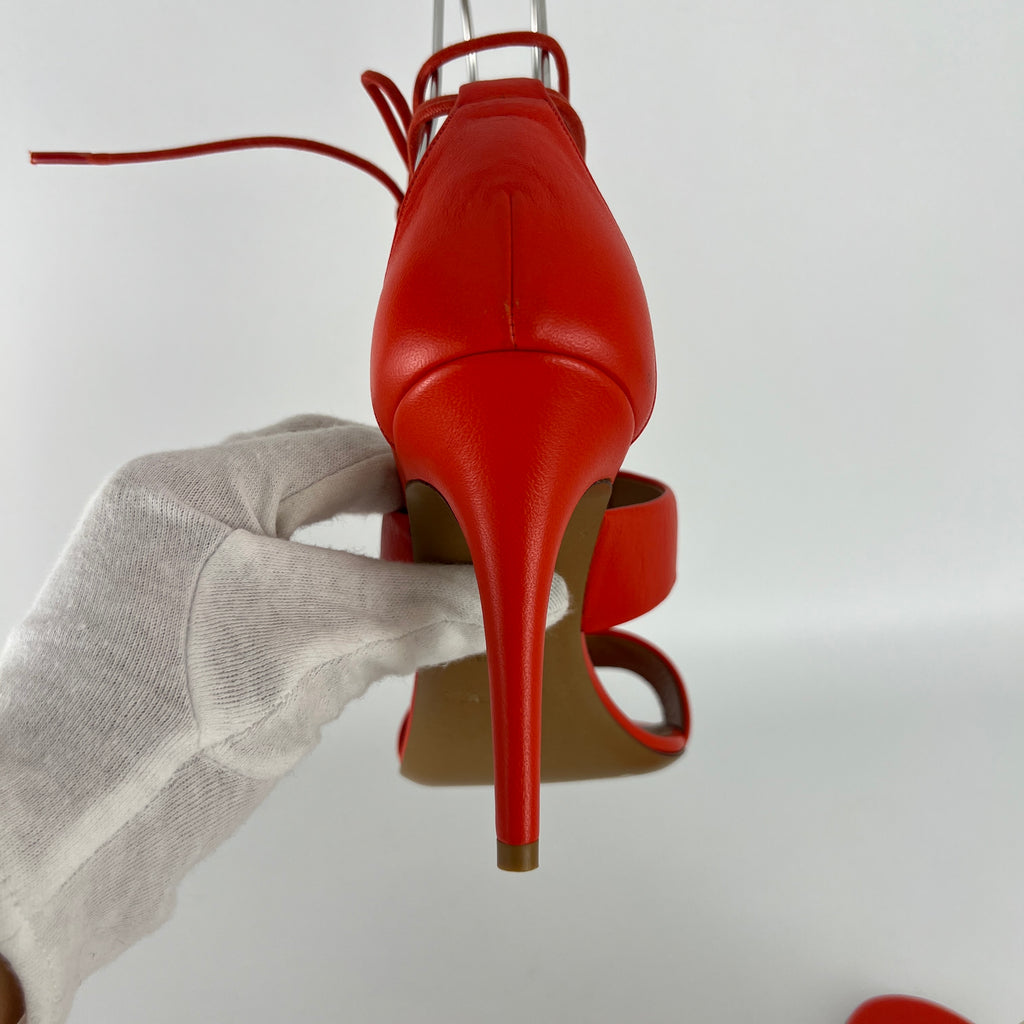 Armani | Coral Red Ankle Lace Up Gold Hardware Strappy Heel (37)