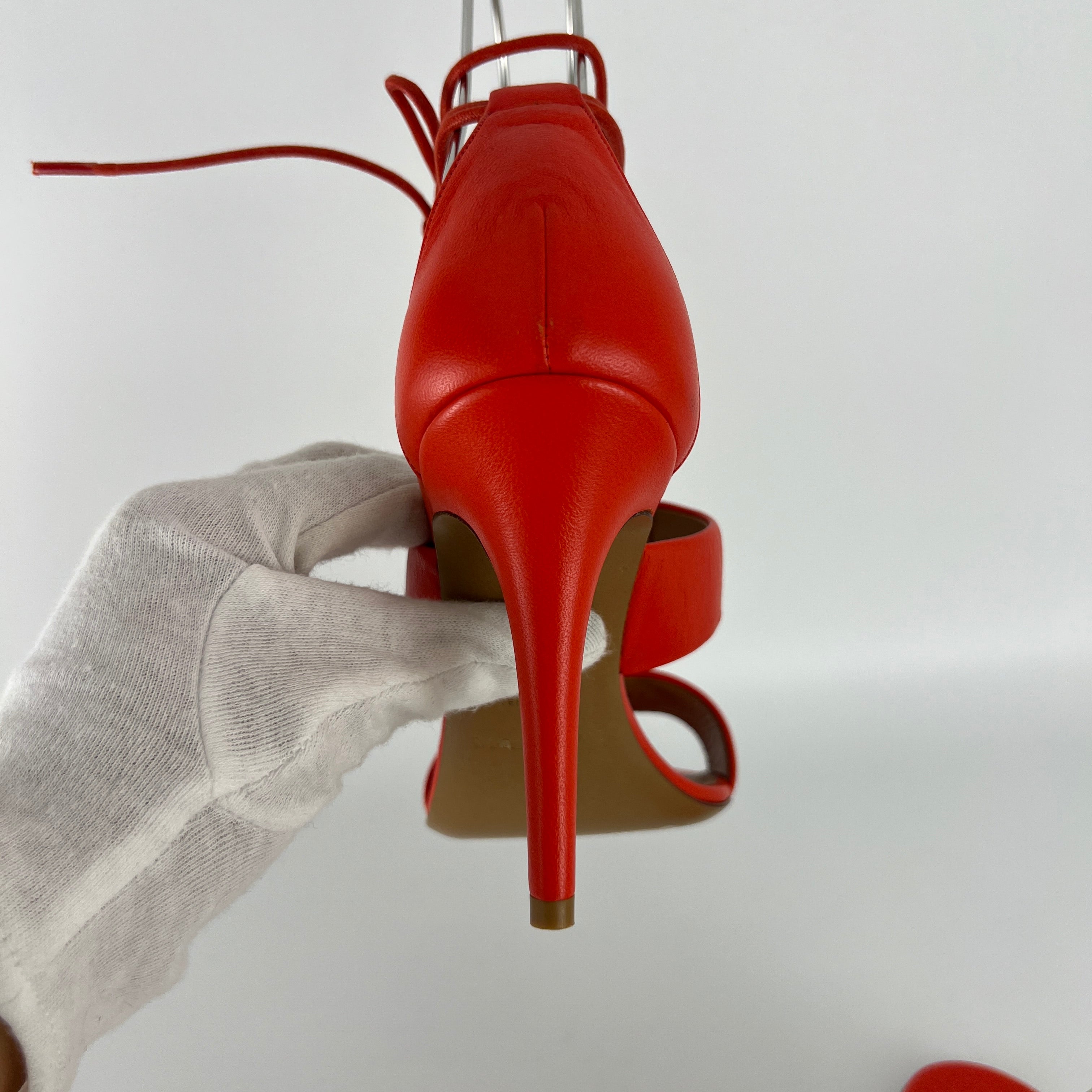 Armani | Coral Red Ankle Lace Up Gold Hardware Strappy Heel (37)