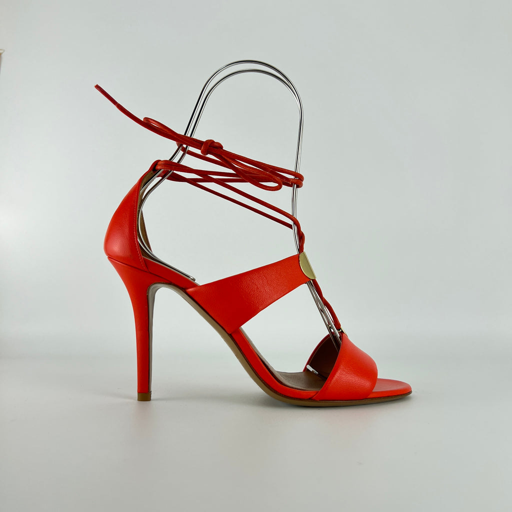 Armani | Coral Red Ankle Lace Up Gold Hardware Strappy Heel (37)