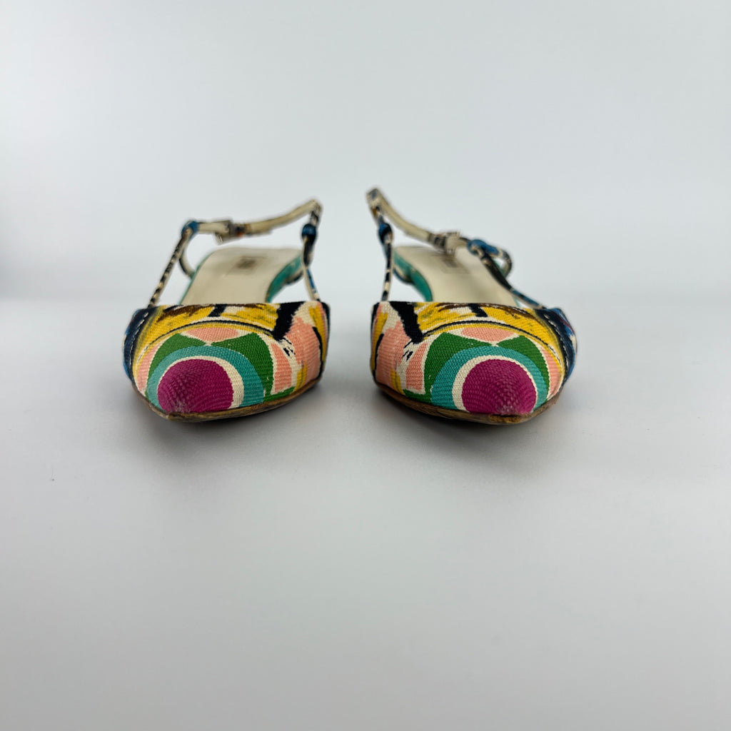 Prada | Vintage Venezia Print Canapa Pointed Toe Kitten Heel Slingback (35.5)