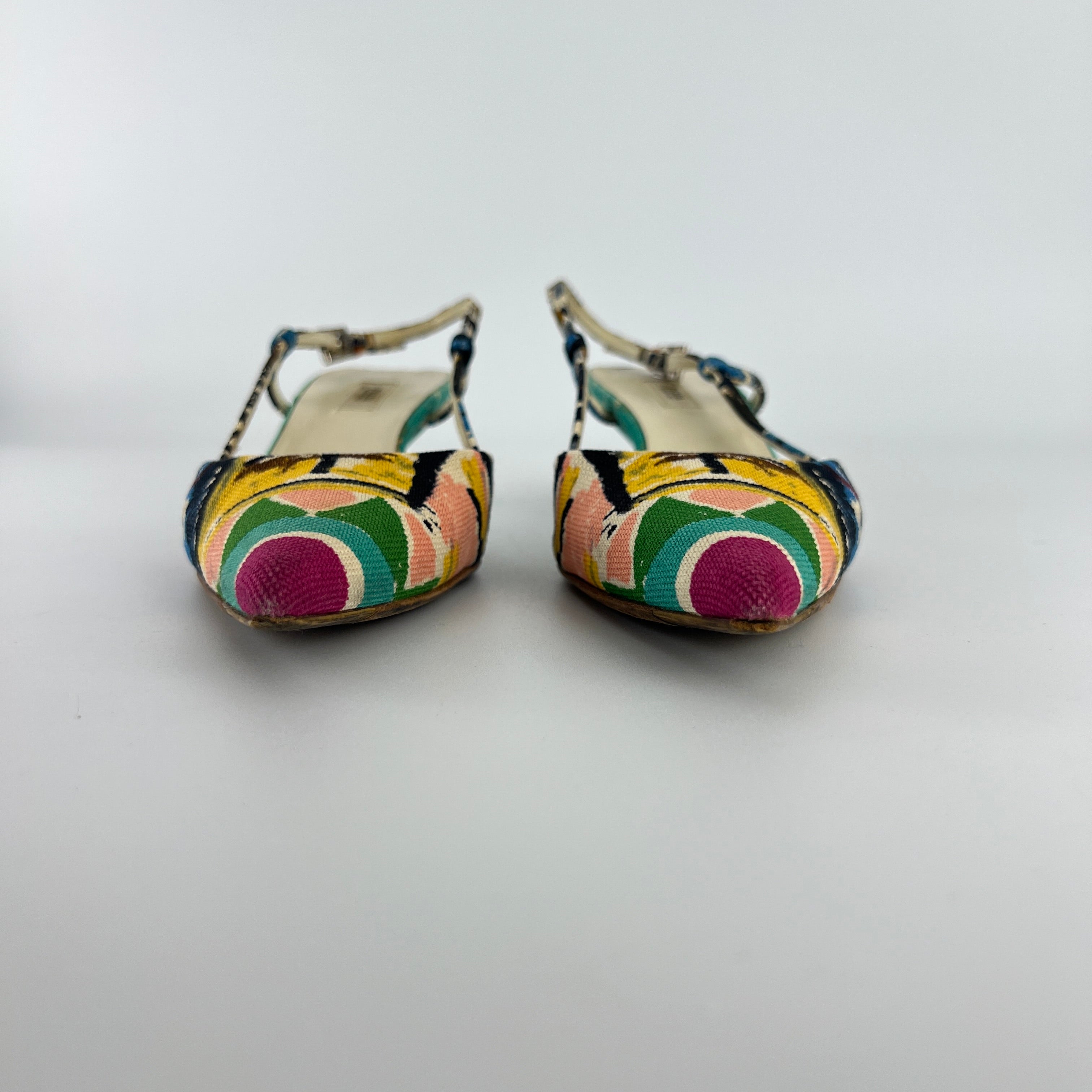 Prada | Vintage Venezia Print Canapa Pointed Toe Kitten Heel Slingback (35.5)