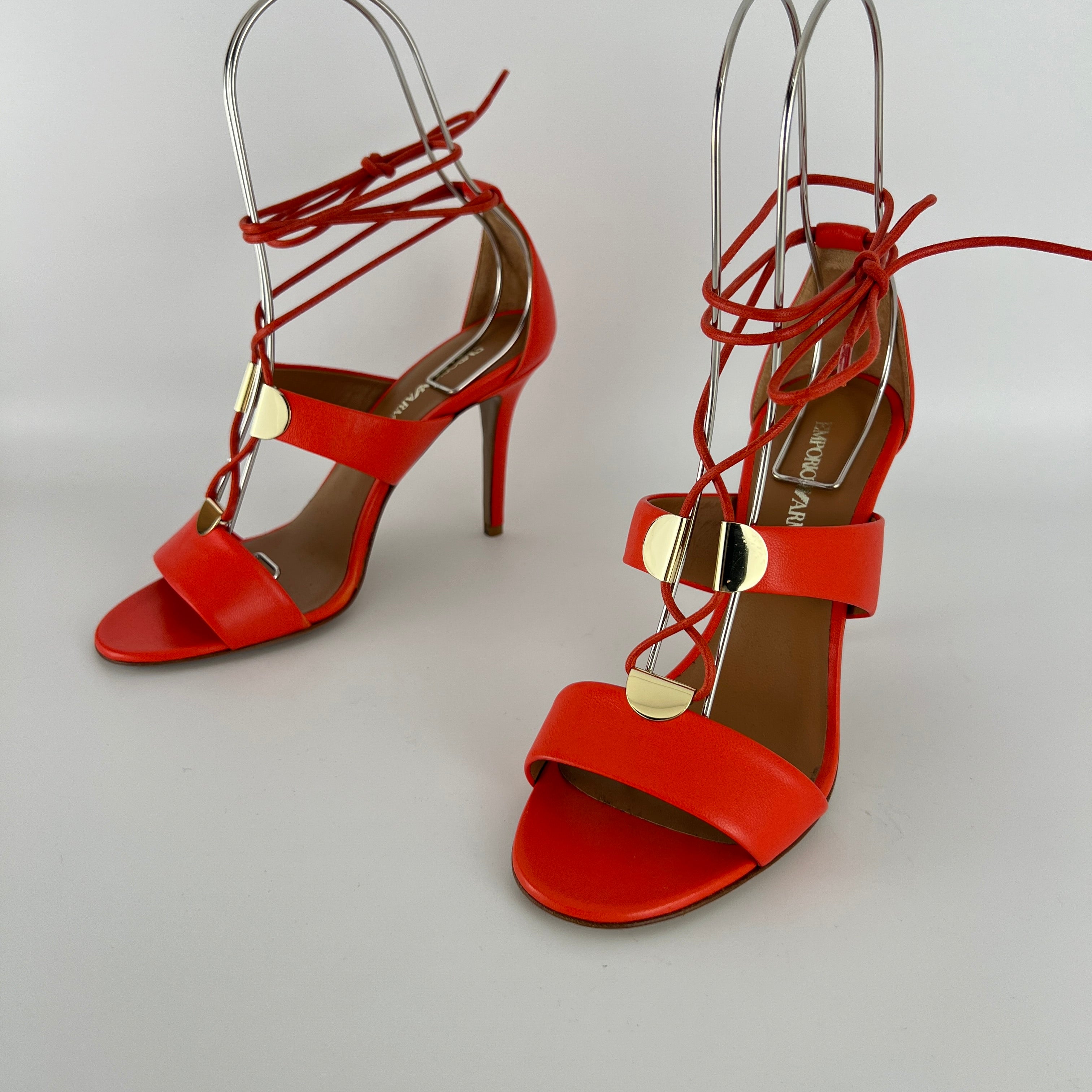 Armani | Coral Red Ankle Lace Up Gold Hardware Strappy Heel (37)
