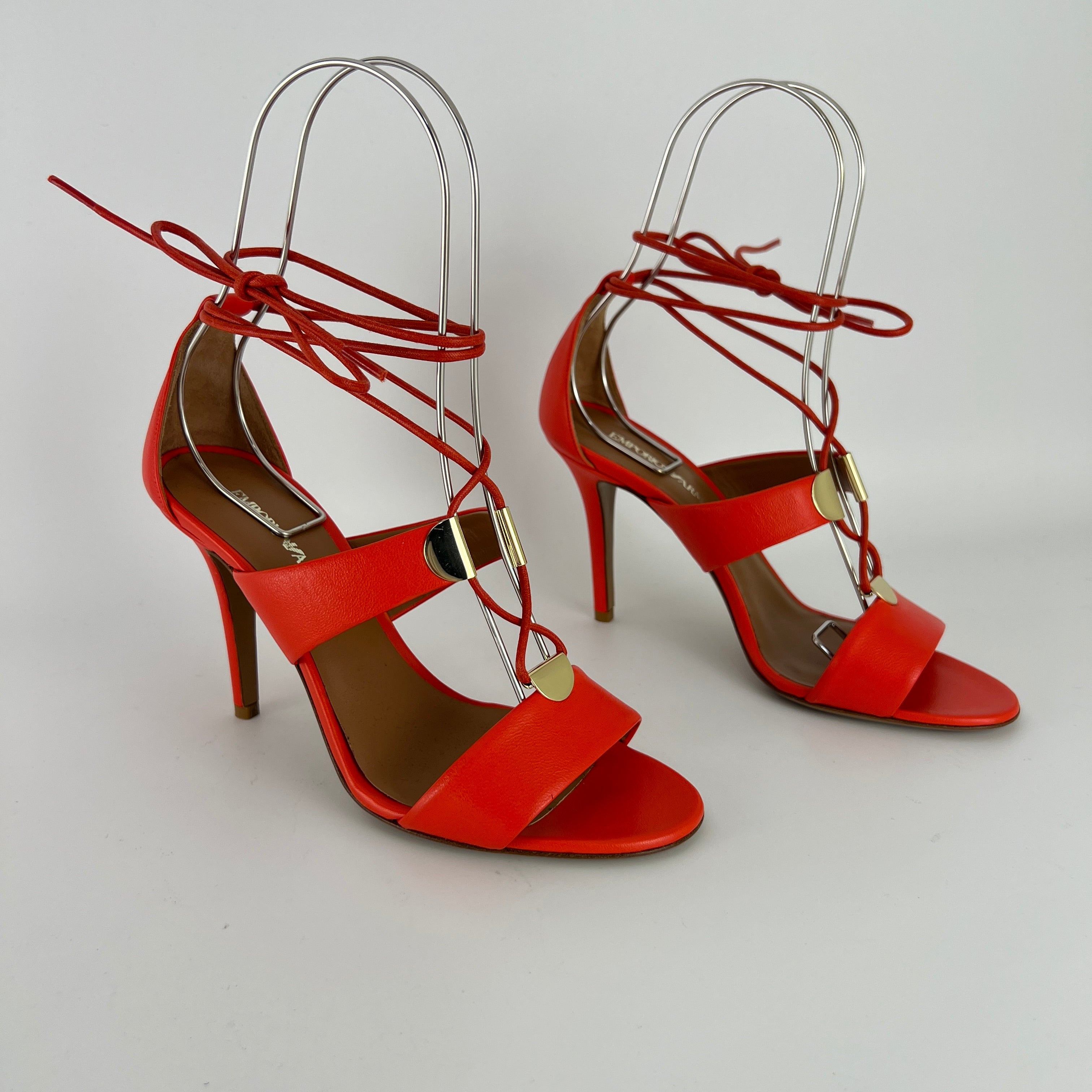 Armani | Coral Red Ankle Lace Up Gold Hardware Strappy Heel (37)
