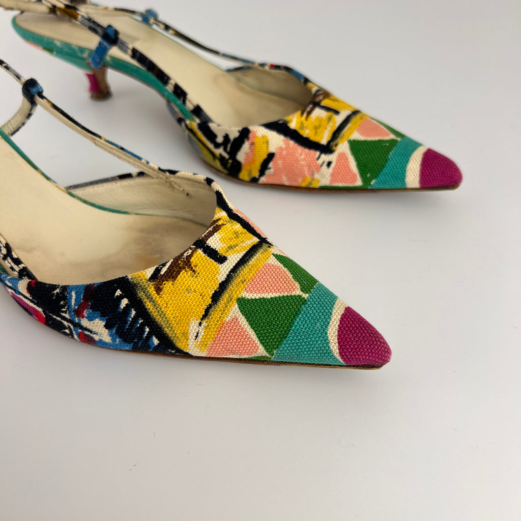 Prada | Vintage Venezia Print Canapa Pointed Toe Kitten Heel Slingback (35.5)