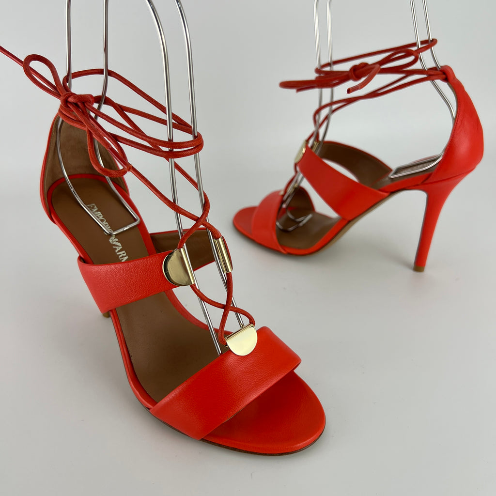 Armani | Coral Red Ankle Lace Up Gold Hardware Strappy Heel (37)