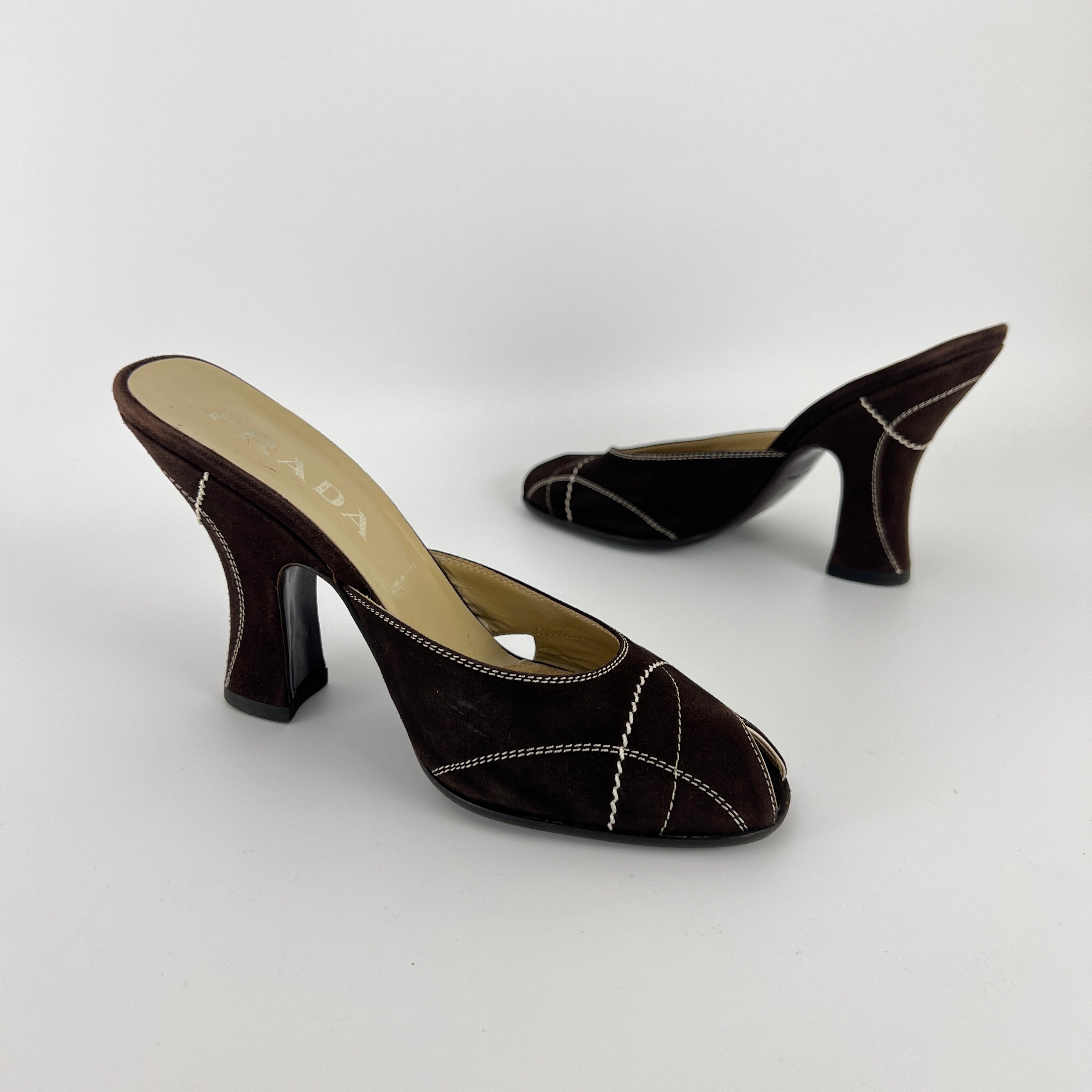 Prada | Vintage Brown Suede Leather White Stitching Sandal Mules (37)