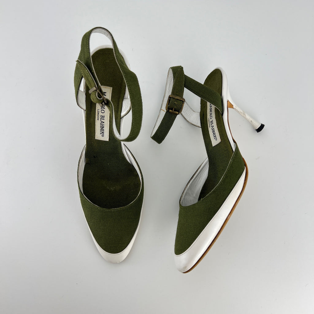 Manolo Blahnik | Vintage Green Canvas White Leather Ankle Wrap Pumps (37.5)