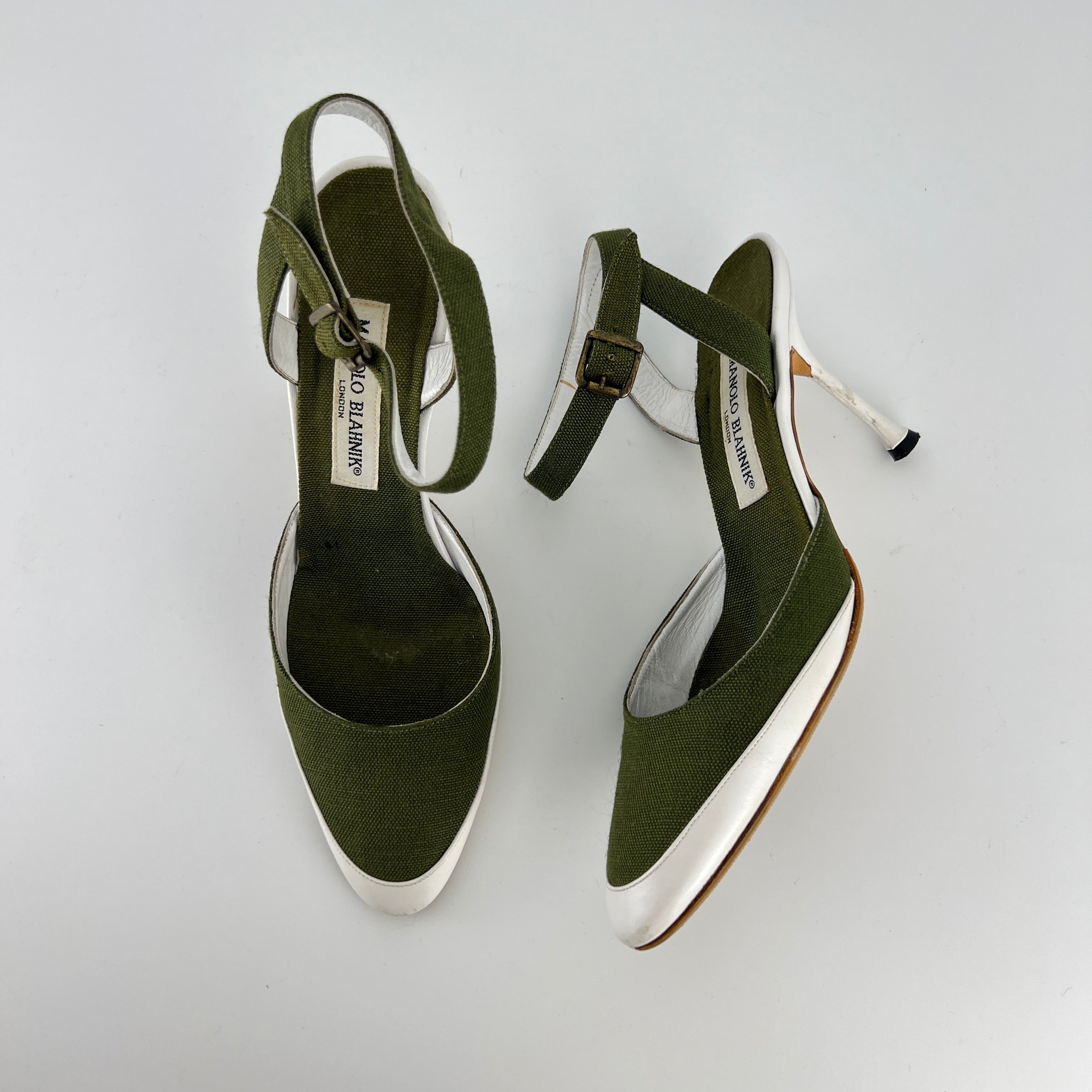 Manolo Blahnik | Vintage Green Canvas White Leather Ankle Wrap Pumps (37.5)