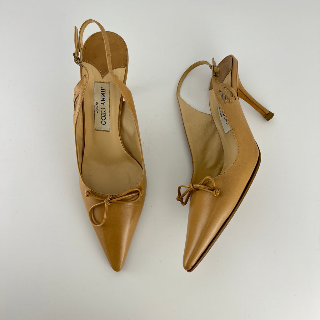 Jimmy Choo | Nude Leather Bow Pointed Toe Slingback Pumps (39)