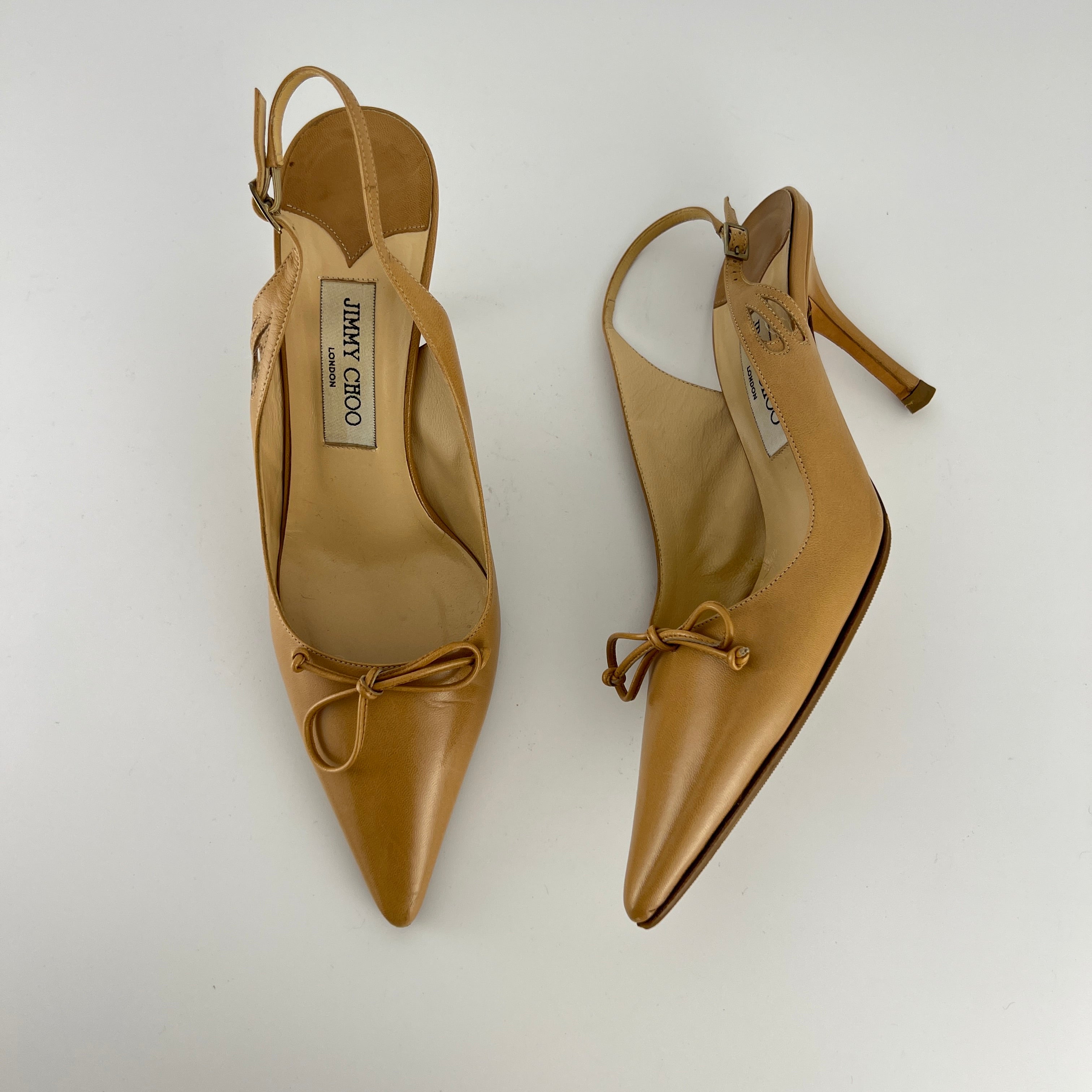 Jimmy Choo | Nude Leather Bow Pointed Toe Slingback Pumps (39)