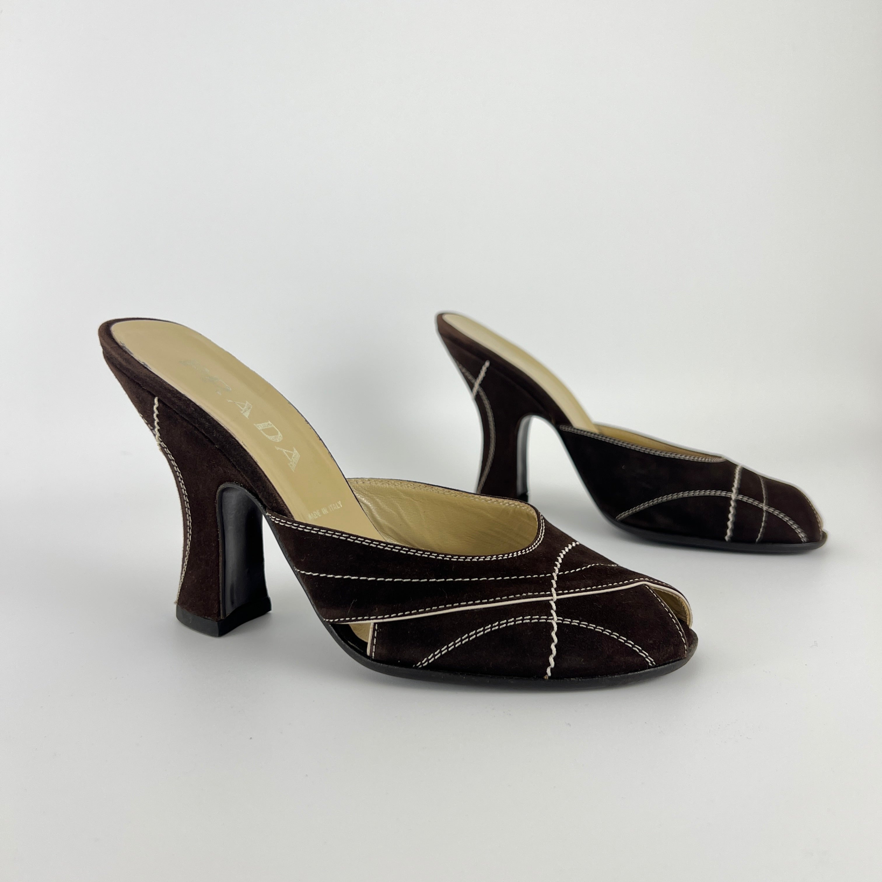 Prada | Vintage Brown Suede Leather White Stitching Sandal Mules (37)