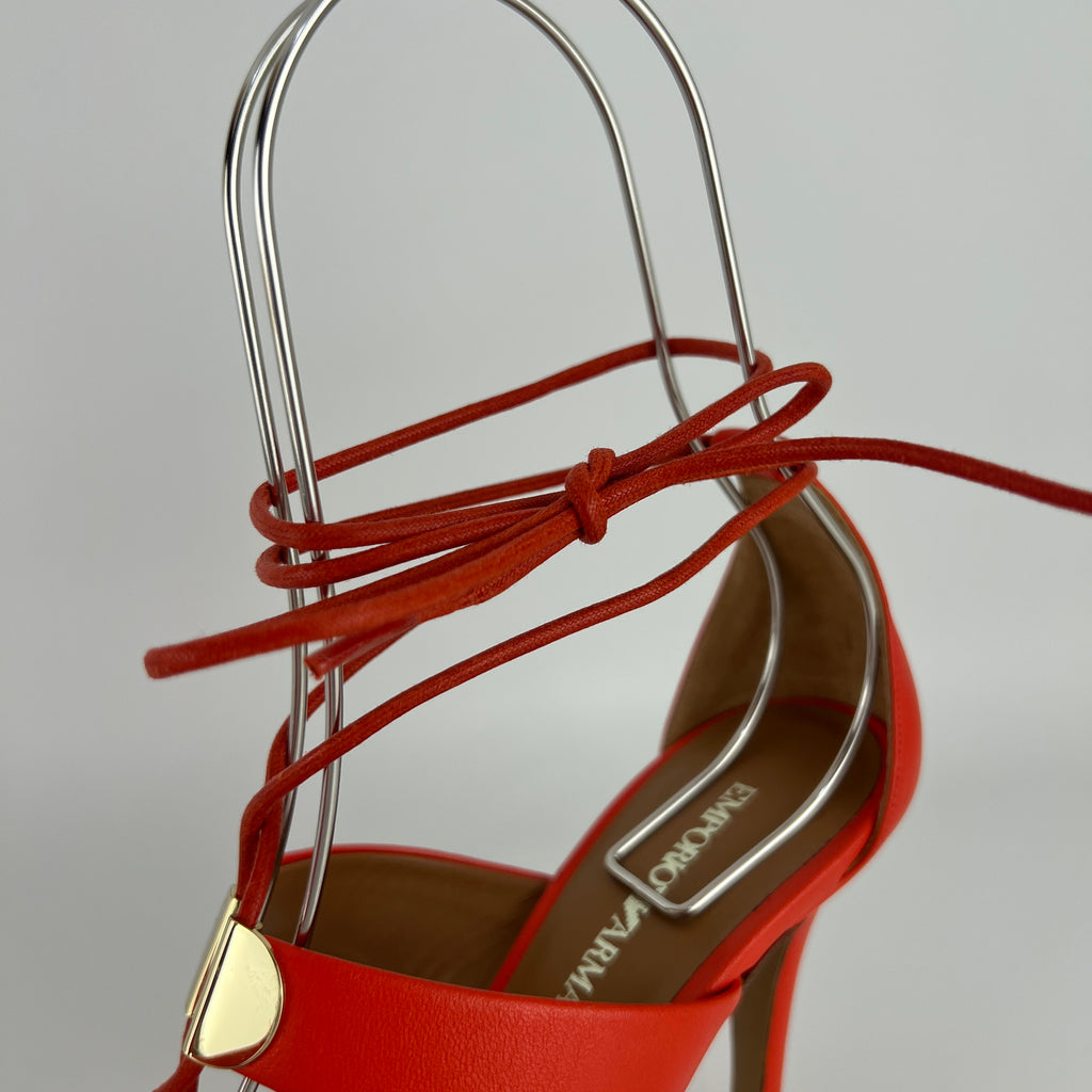 Armani | Coral Red Ankle Lace Up Gold Hardware Strappy Heel (37)