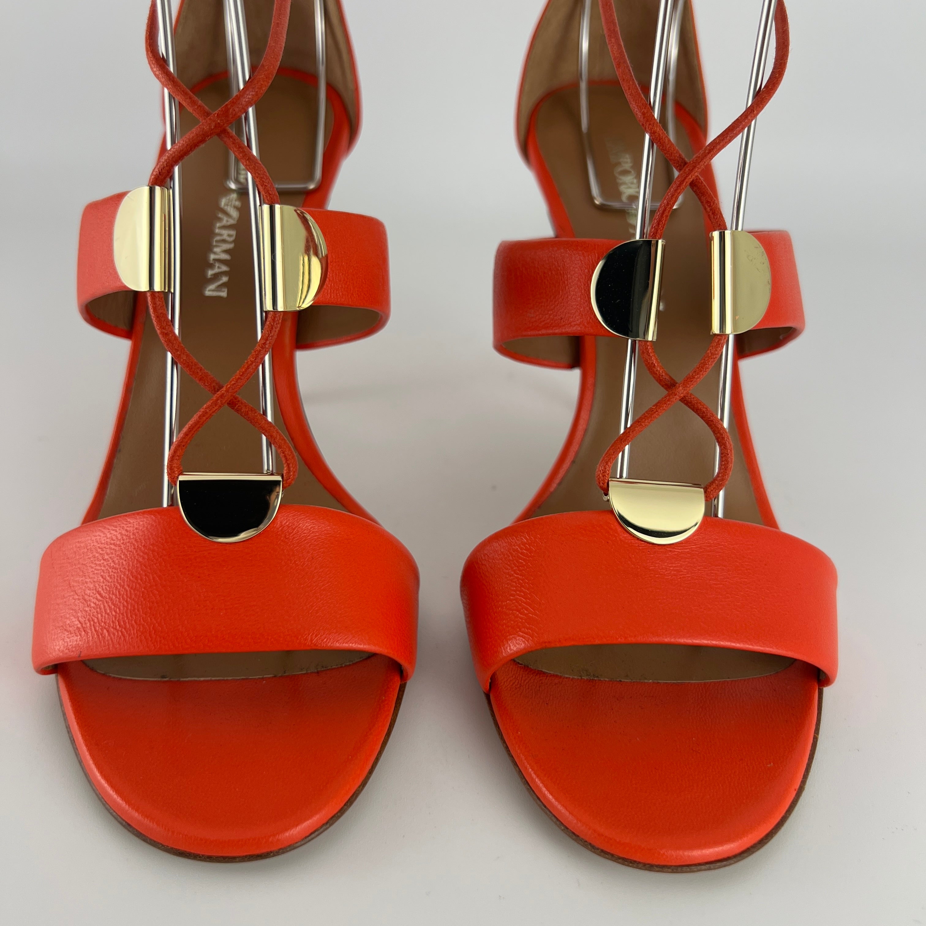 Armani | Coral Red Ankle Lace Up Gold Hardware Strappy Heel (37)