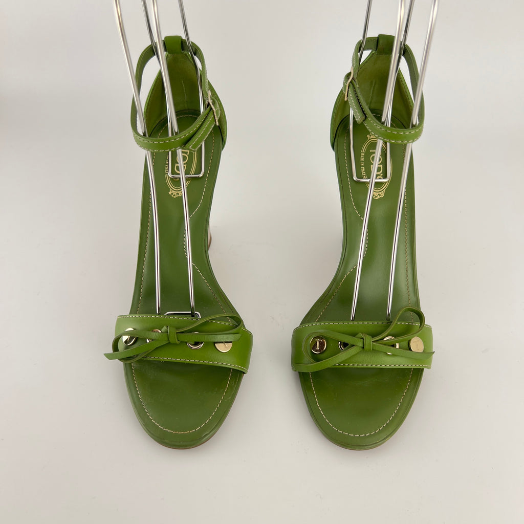 Tod's | Zeppa Green Leather Ribbon Bow Ankle Wrap Wedge Heels (37)
