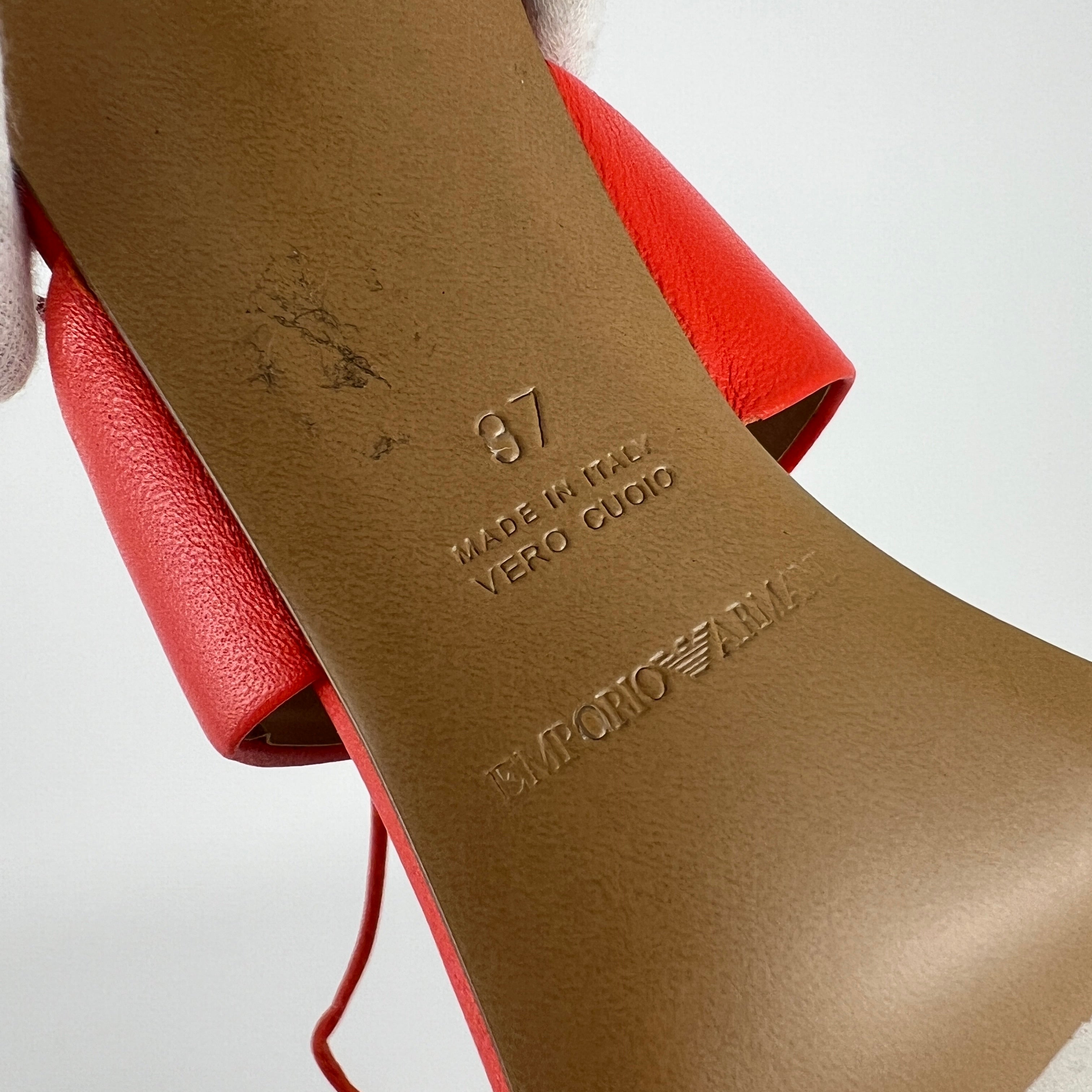 Armani | Coral Red Ankle Lace Up Gold Hardware Strappy Heel (37)