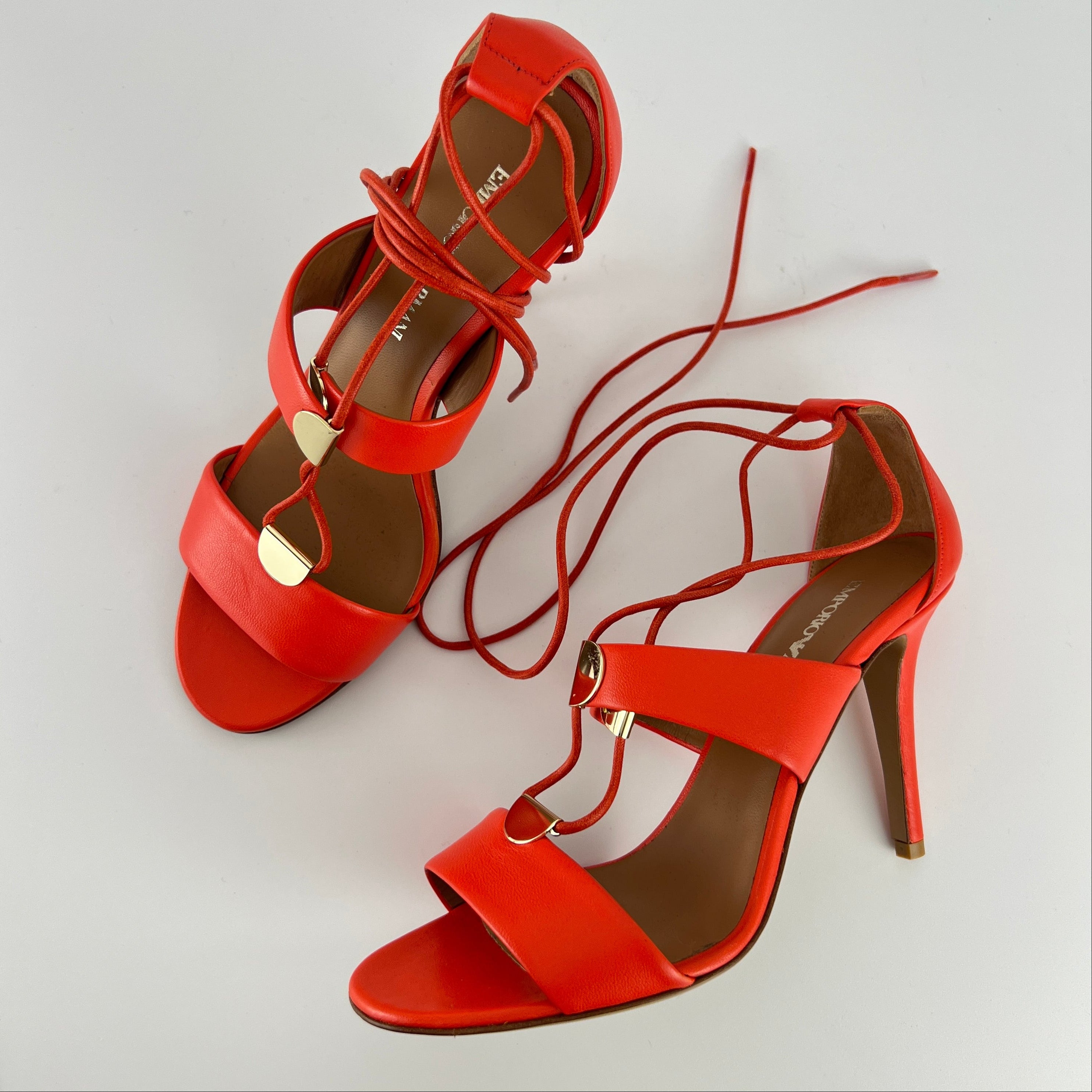 Armani | Coral Red Ankle Lace Up Gold Hardware Strappy Heel (37)