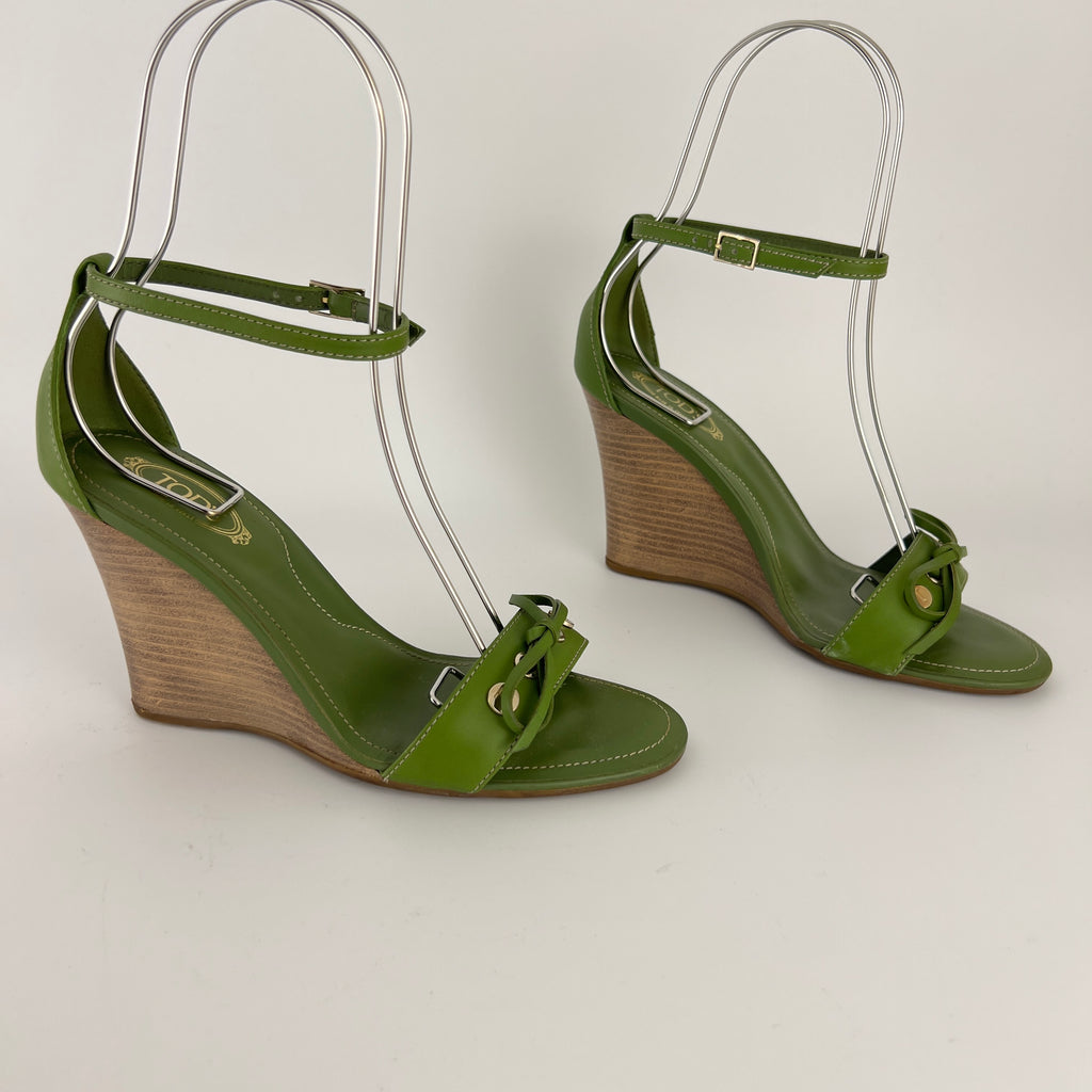 Tod's | Zeppa Green Leather Ribbon Bow Ankle Wrap Wedge Heels (37)
