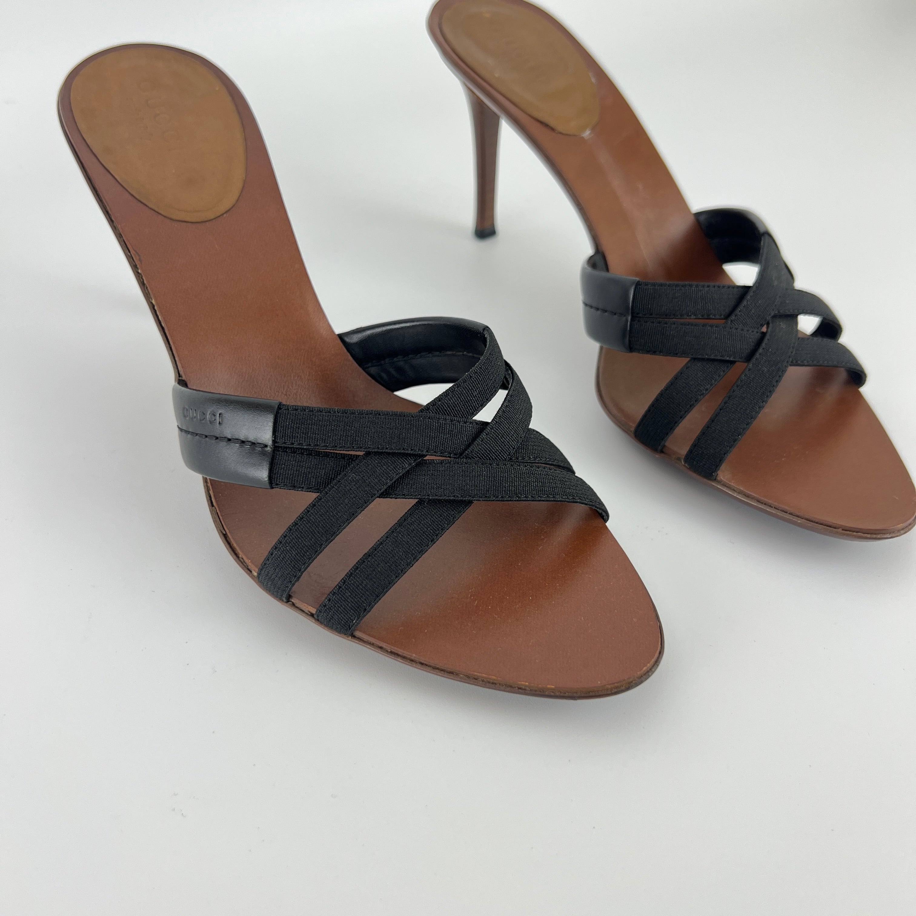 Gucci | Black Elastic Brown Leather Strappy Sandal Stiletto Mules (37)