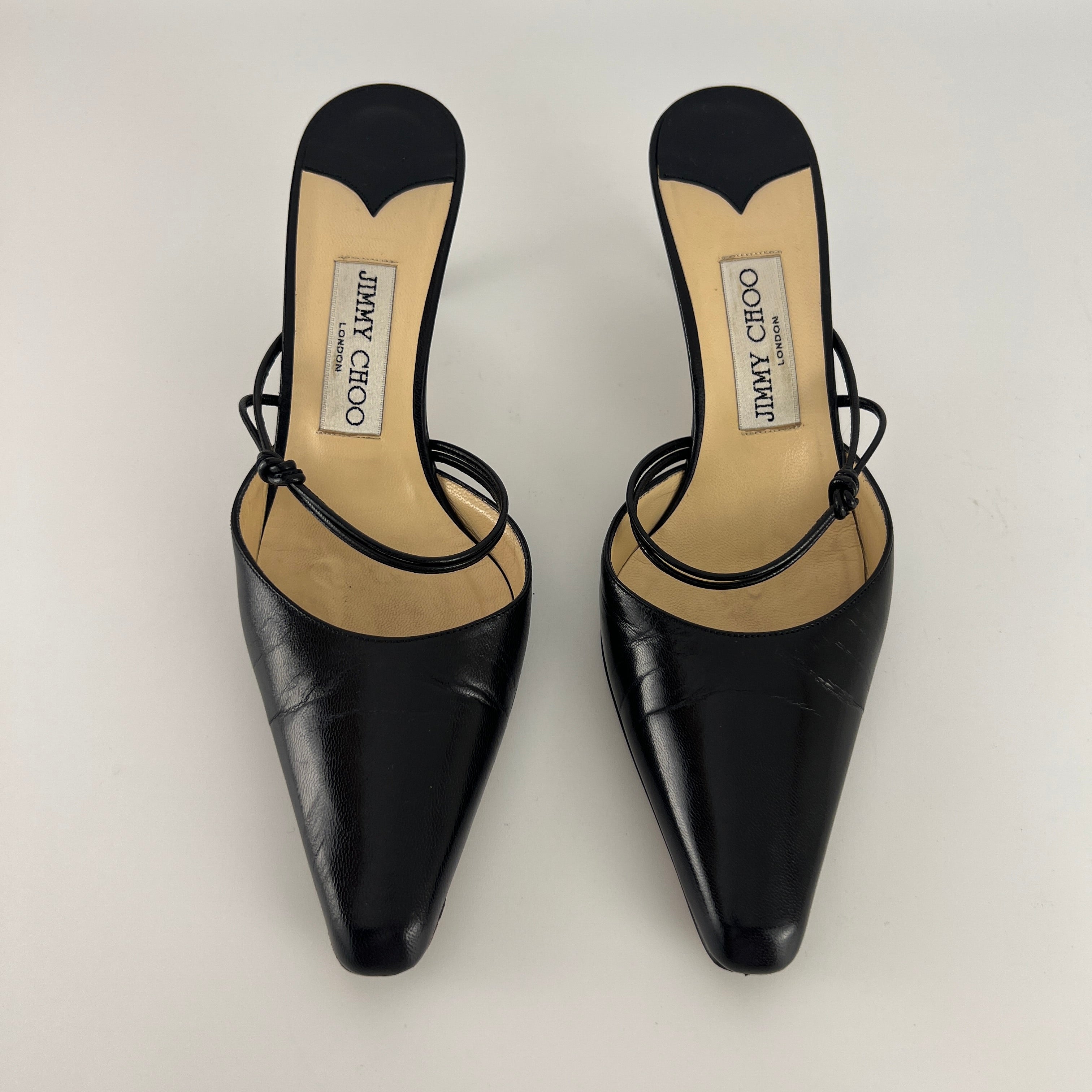 Jimmy Choo | Black Pointed Toe Knotted Strap Mid Heel Mules (37)