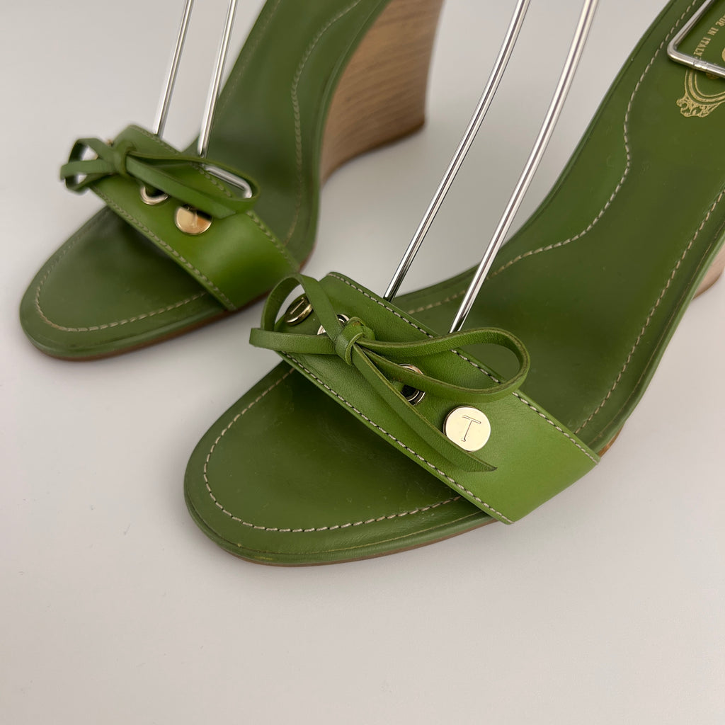 Tod's | Zeppa Green Leather Ribbon Bow Ankle Wrap Wedge Heels (37)