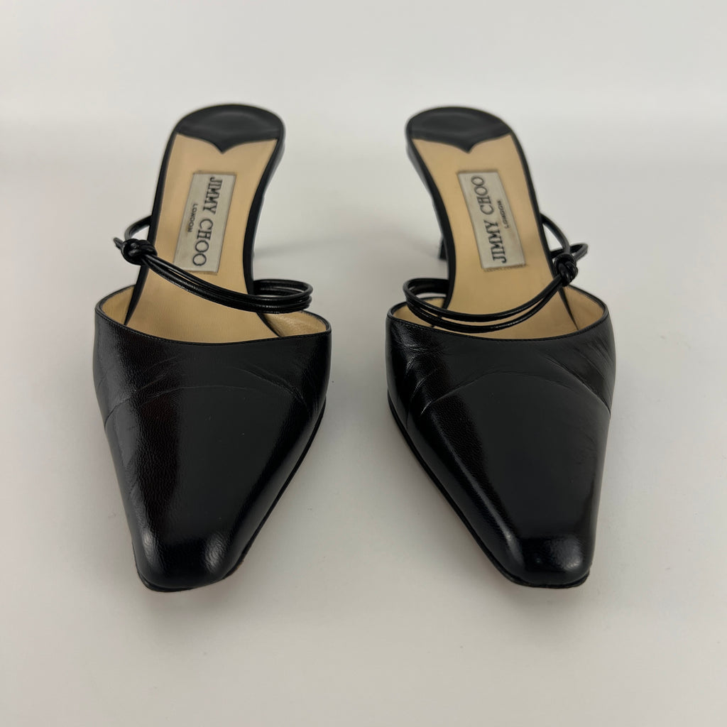 Jimmy Choo | Black Pointed Toe Knotted Strap Mid Heel Mules (37)