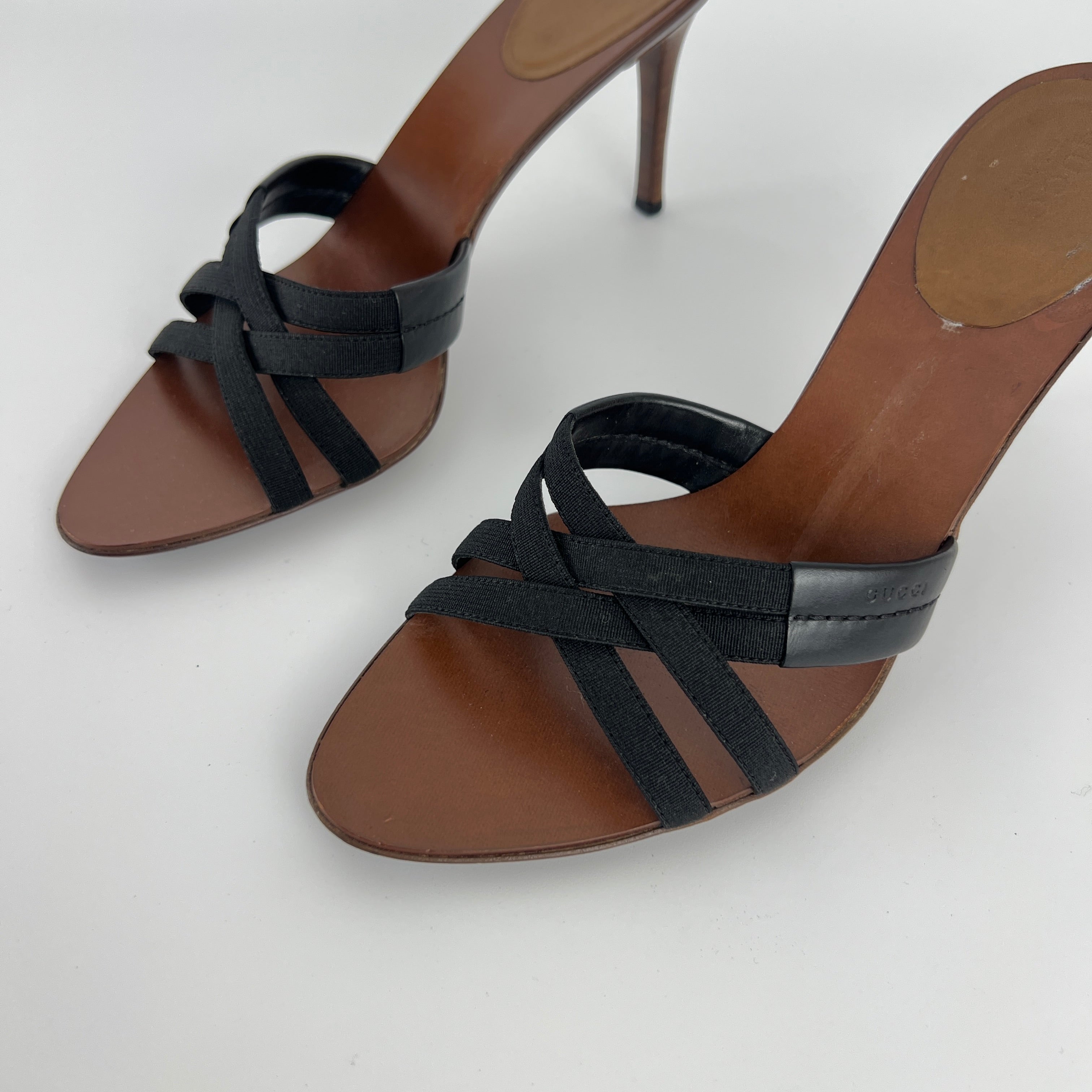 Gucci | Black Elastic Brown Leather Strappy Sandal Stiletto Mules (37)