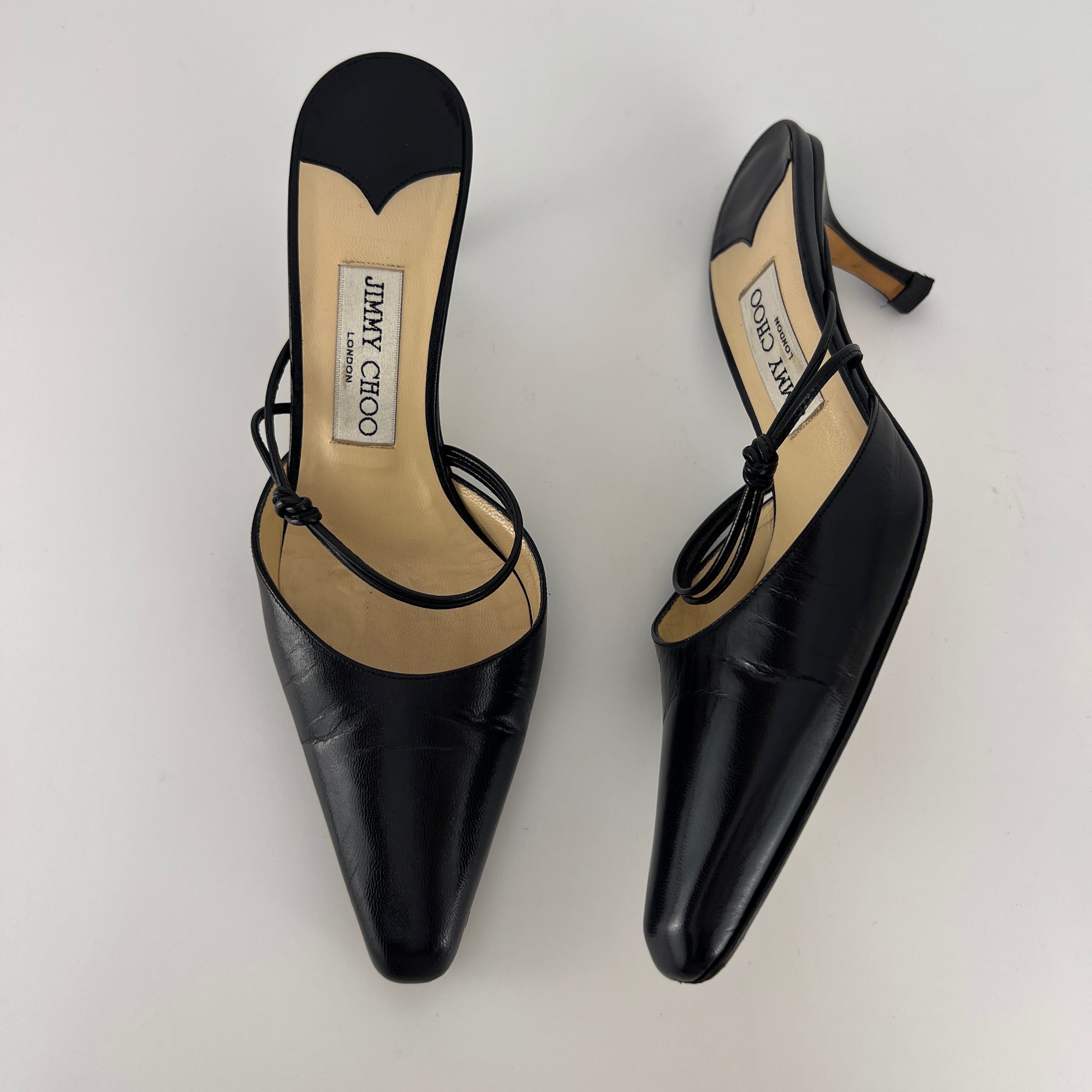 Jimmy Choo | Black Pointed Toe Knotted Strap Mid Heel Mules (37)