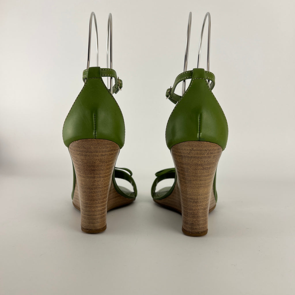 Tod's | Zeppa Green Leather Ribbon Bow Ankle Wrap Wedge Heels (37)