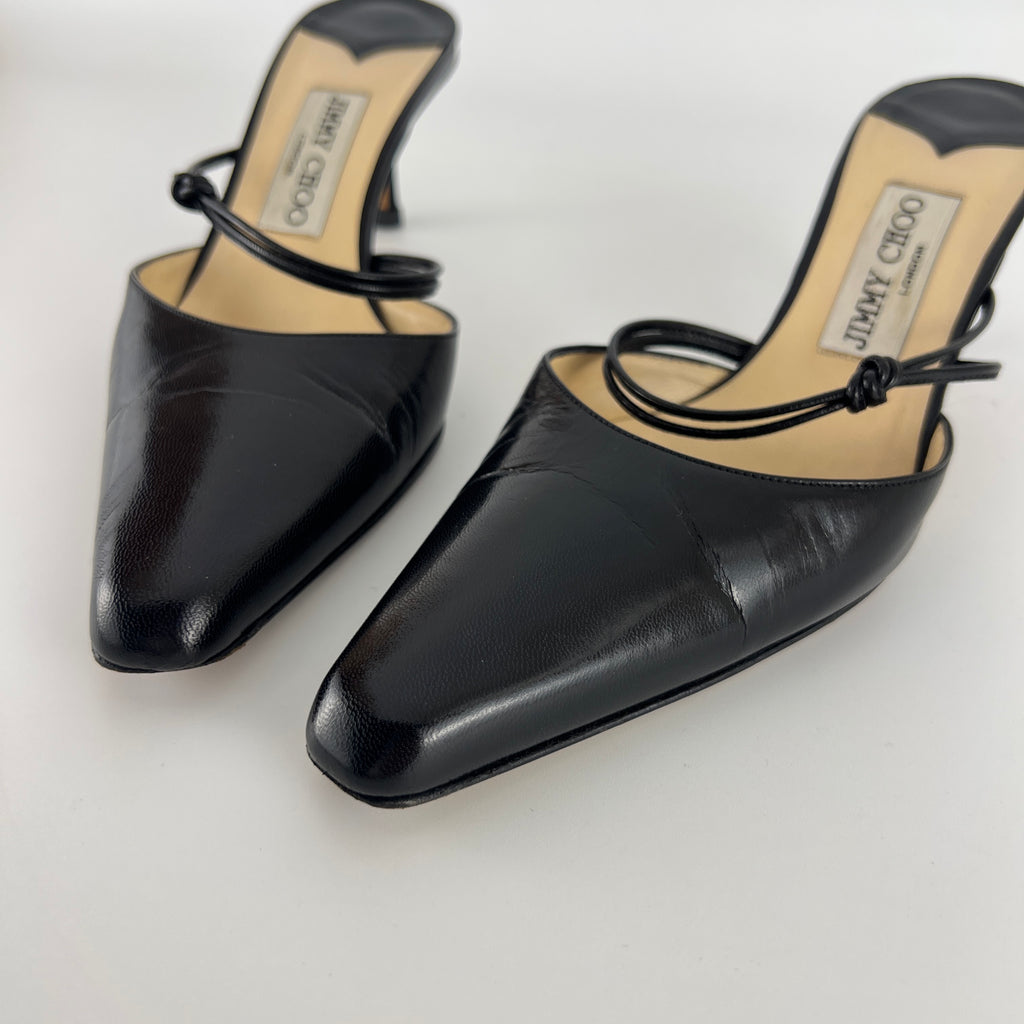 Jimmy Choo | Black Pointed Toe Knotted Strap Mid Heel Mules (37)